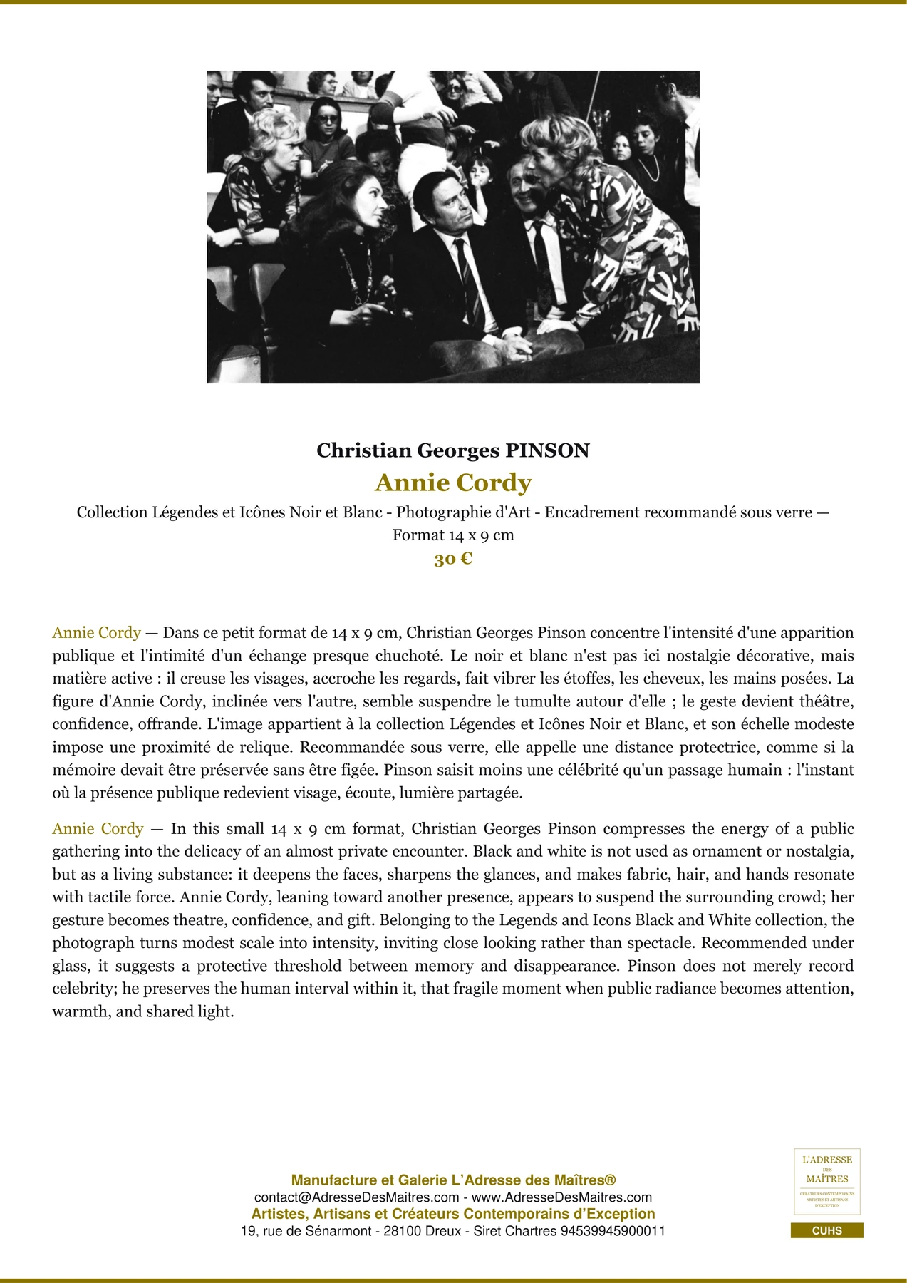 Fiche Premium - Annie Cordy - Christian Georges PINSON - L'Adresse des Maîtres®