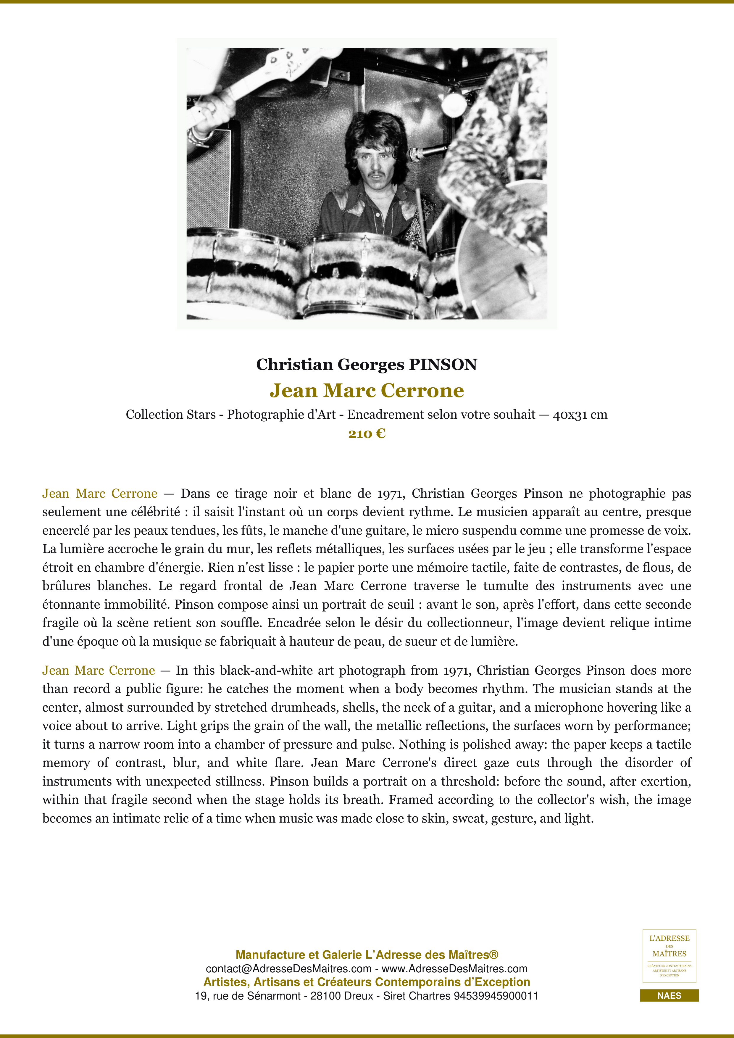 Fiche Premium — Jean Marc Cerrone — Christian Georges PINSON — L'Adresse des Maîtres®