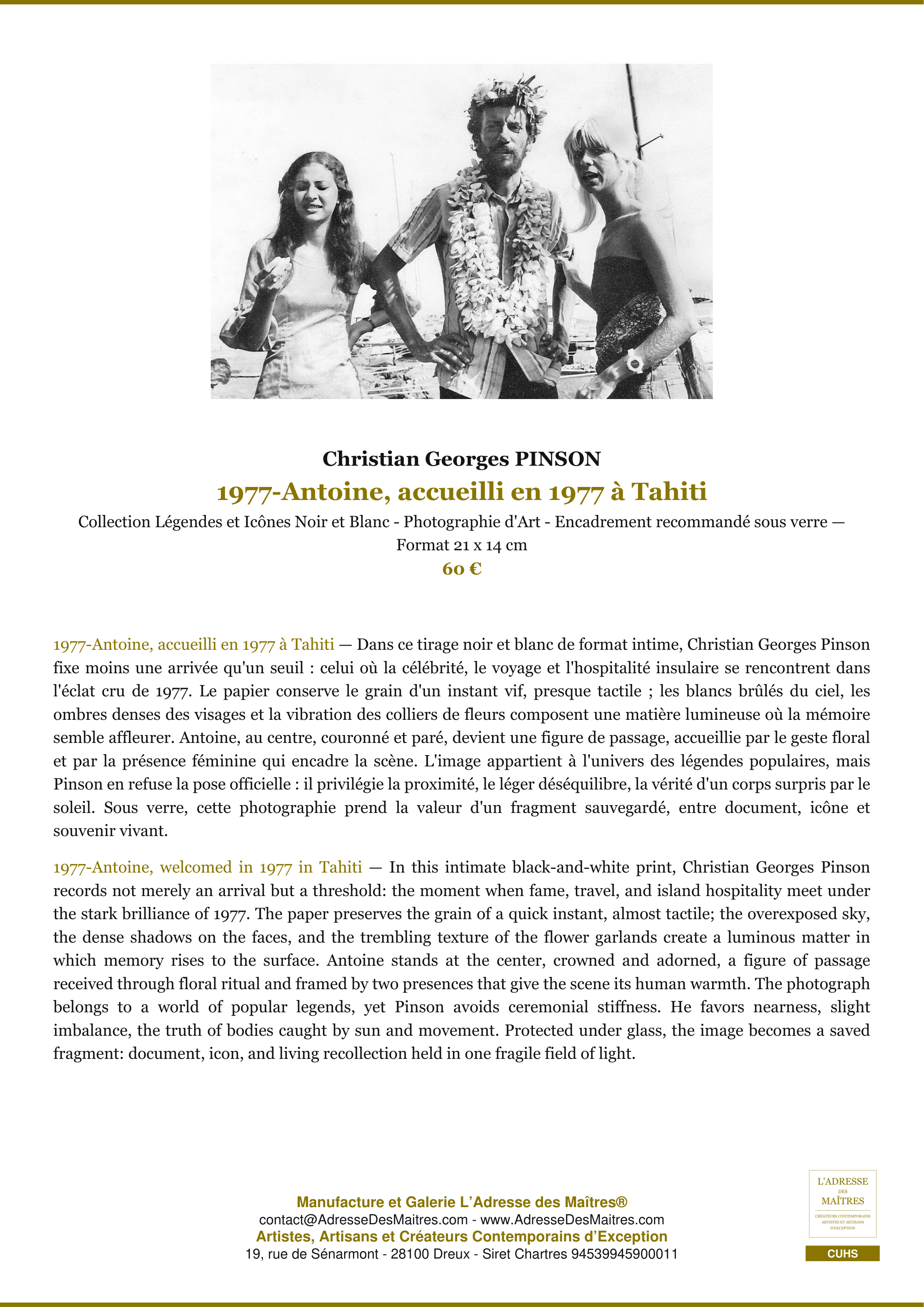 Fiche Premium — 1977-Antoine, accueilli en 1977 à Tahiti — Christian Georges PINSON — L'Adresse des Maîtres®