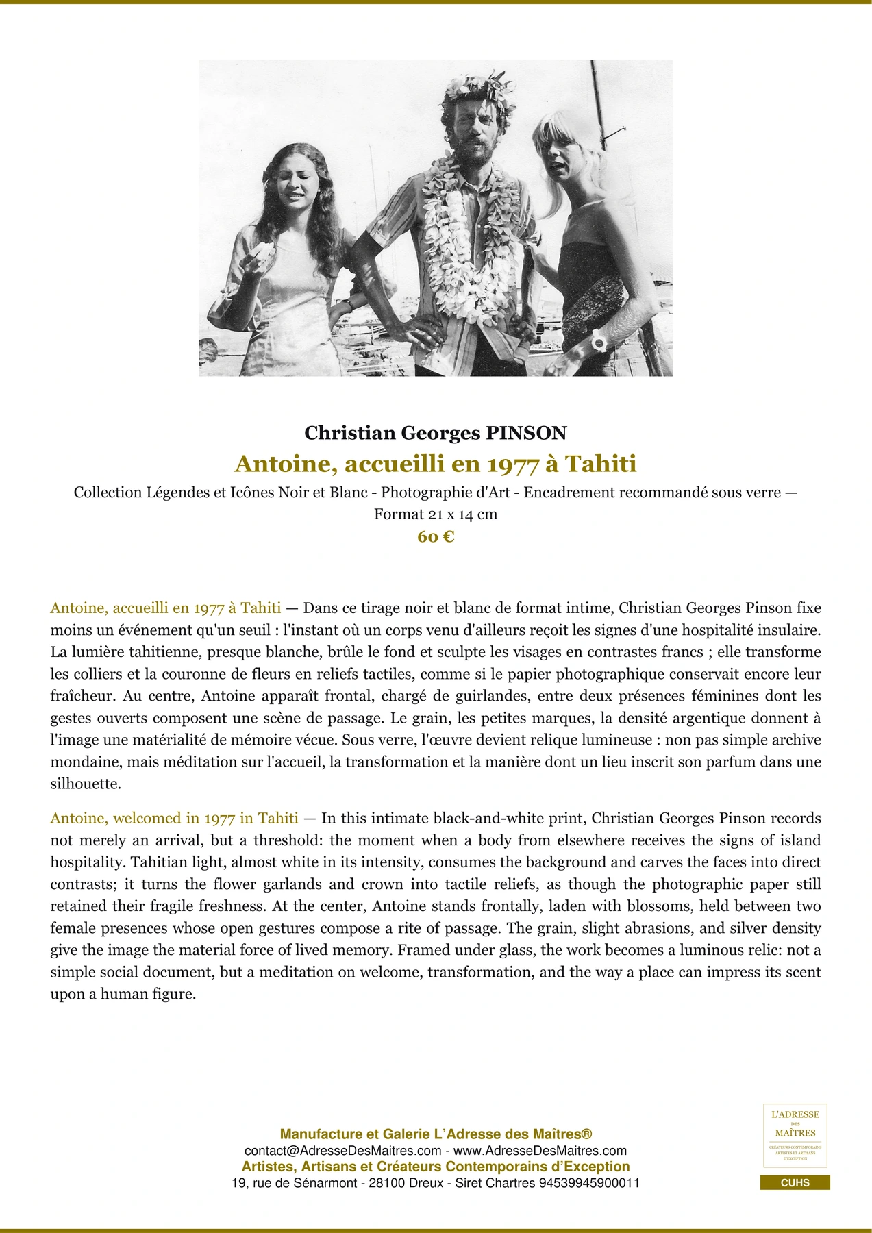 Fiche Premium - Antoine, accueilli en 1977 à Tahiti - Christian Georges PINSON - L'Adresse des Maîtres®