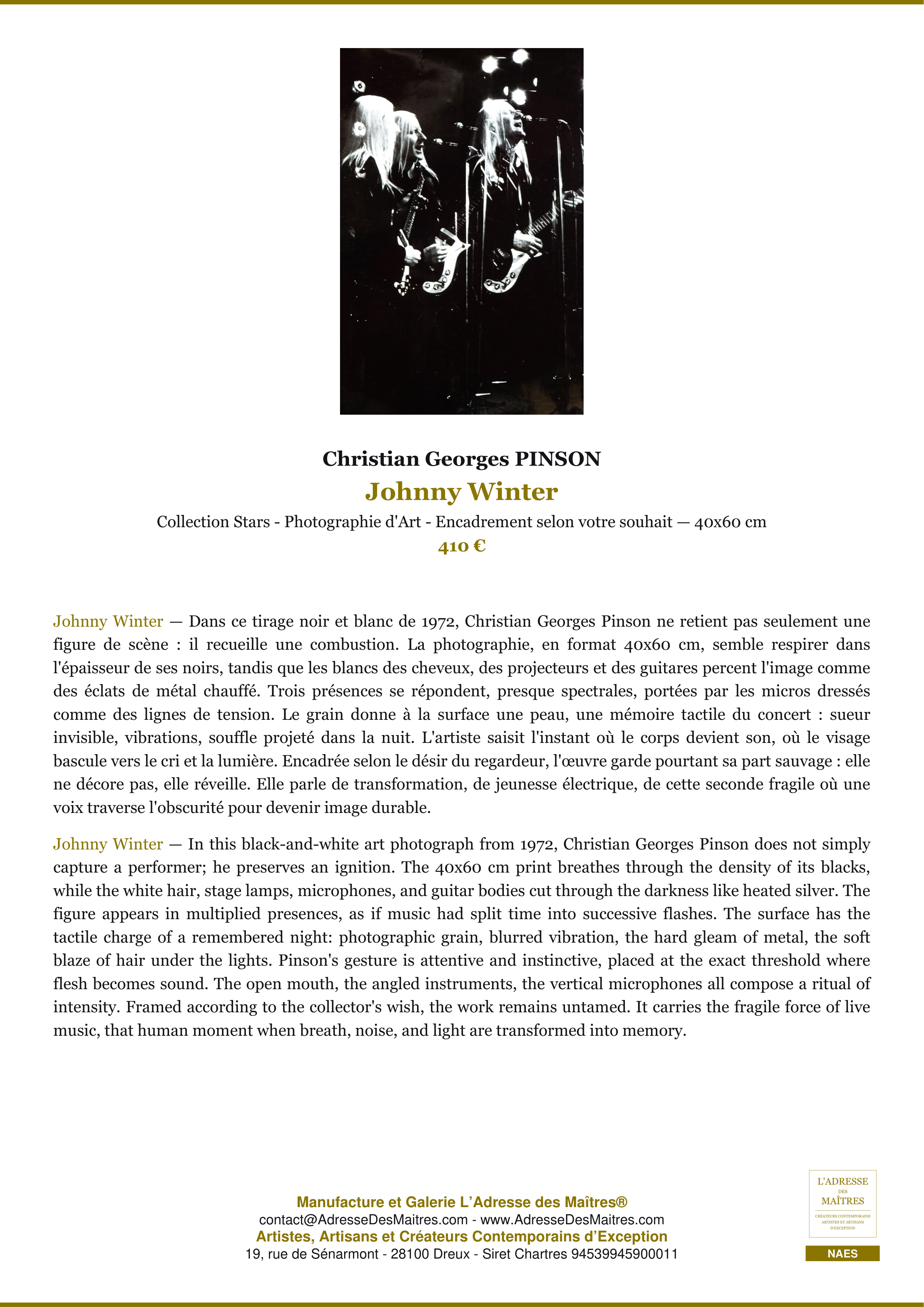 Fiche Premium — Johnny Winter — Christian Georges PINSON — L'Adresse des Maîtres®