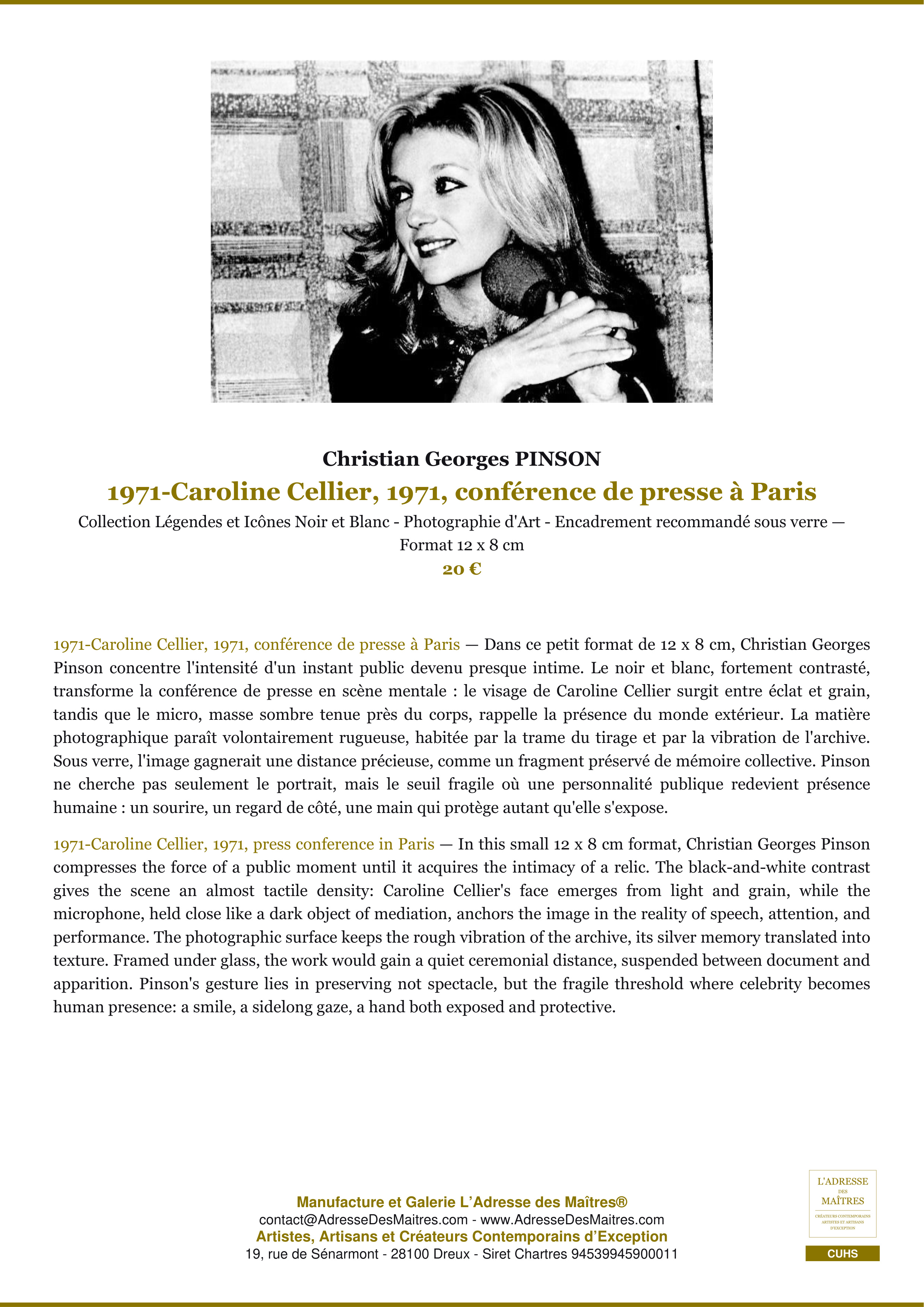 Fiche Premium — 1971-Caroline Cellier, 1971, conférence de presse à Paris — Christian Georges PINSON — L'Adresse des Maîtres®