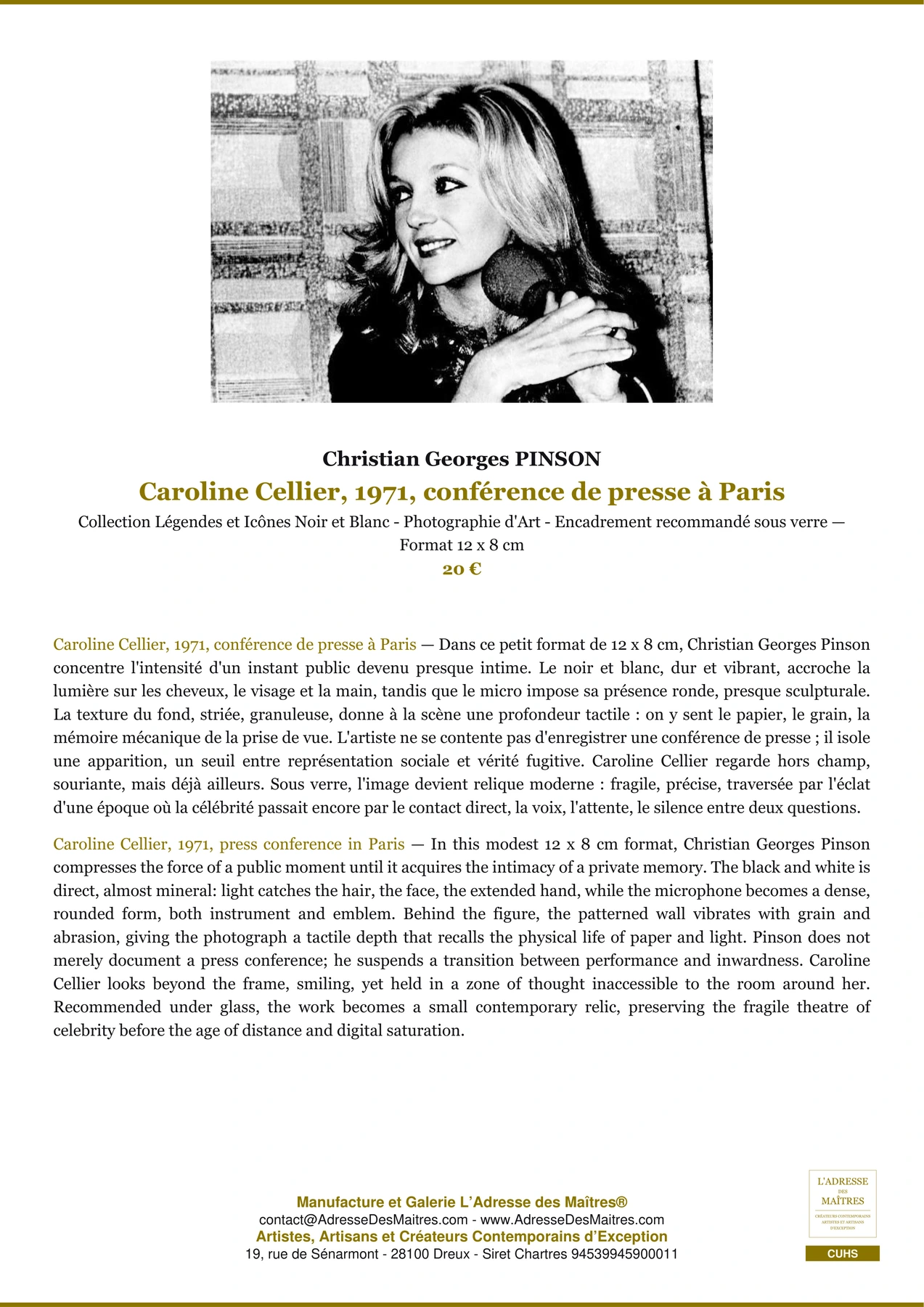 Fiche Premium - Caroline Cellier, 1971, conférence de presse à Paris - Christian Georges PINSON - L'Adresse des Maîtres®
