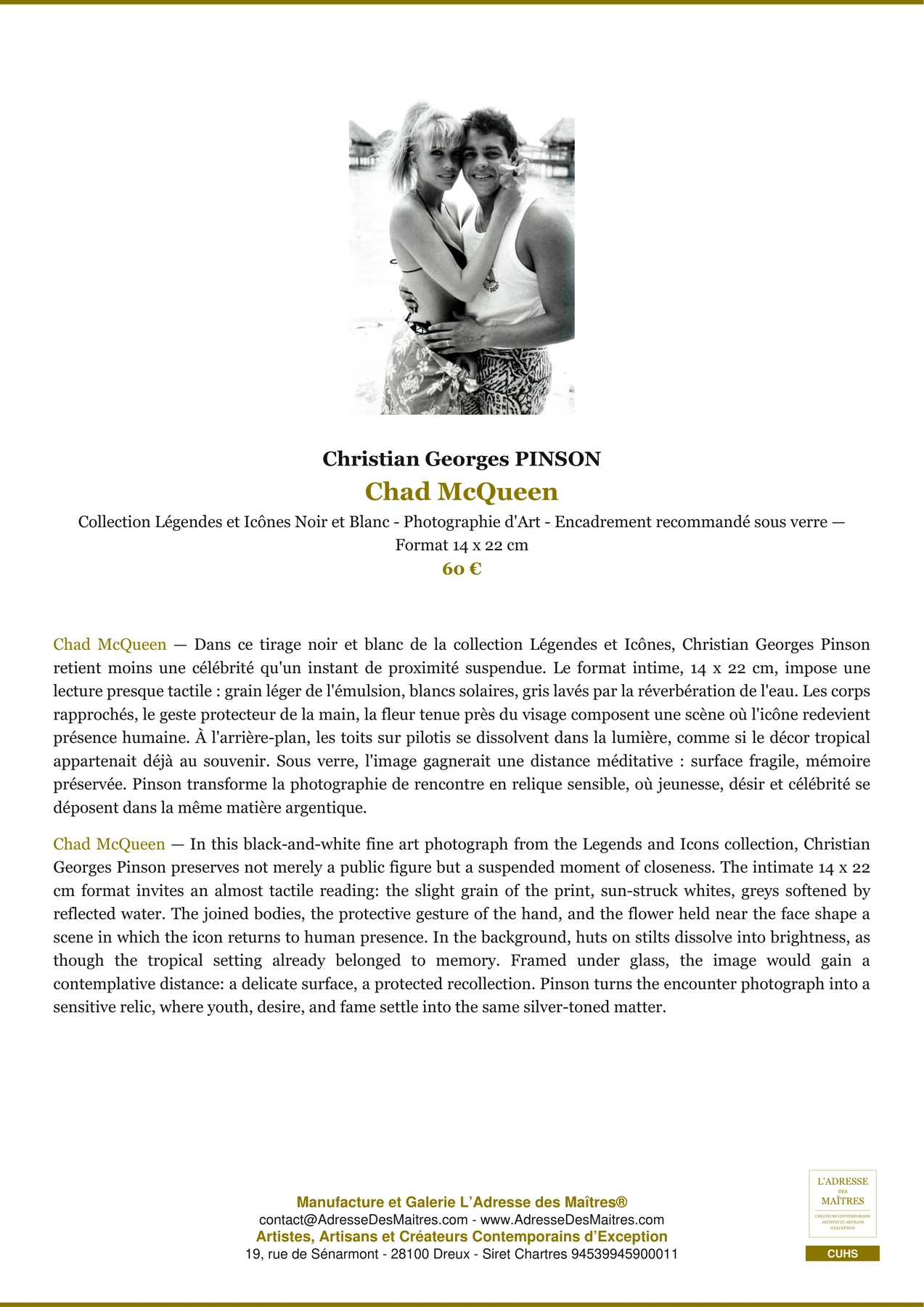Fiche Premium - Chad McQueen - Christian Georges PINSON - L'Adresse des Maîtres®