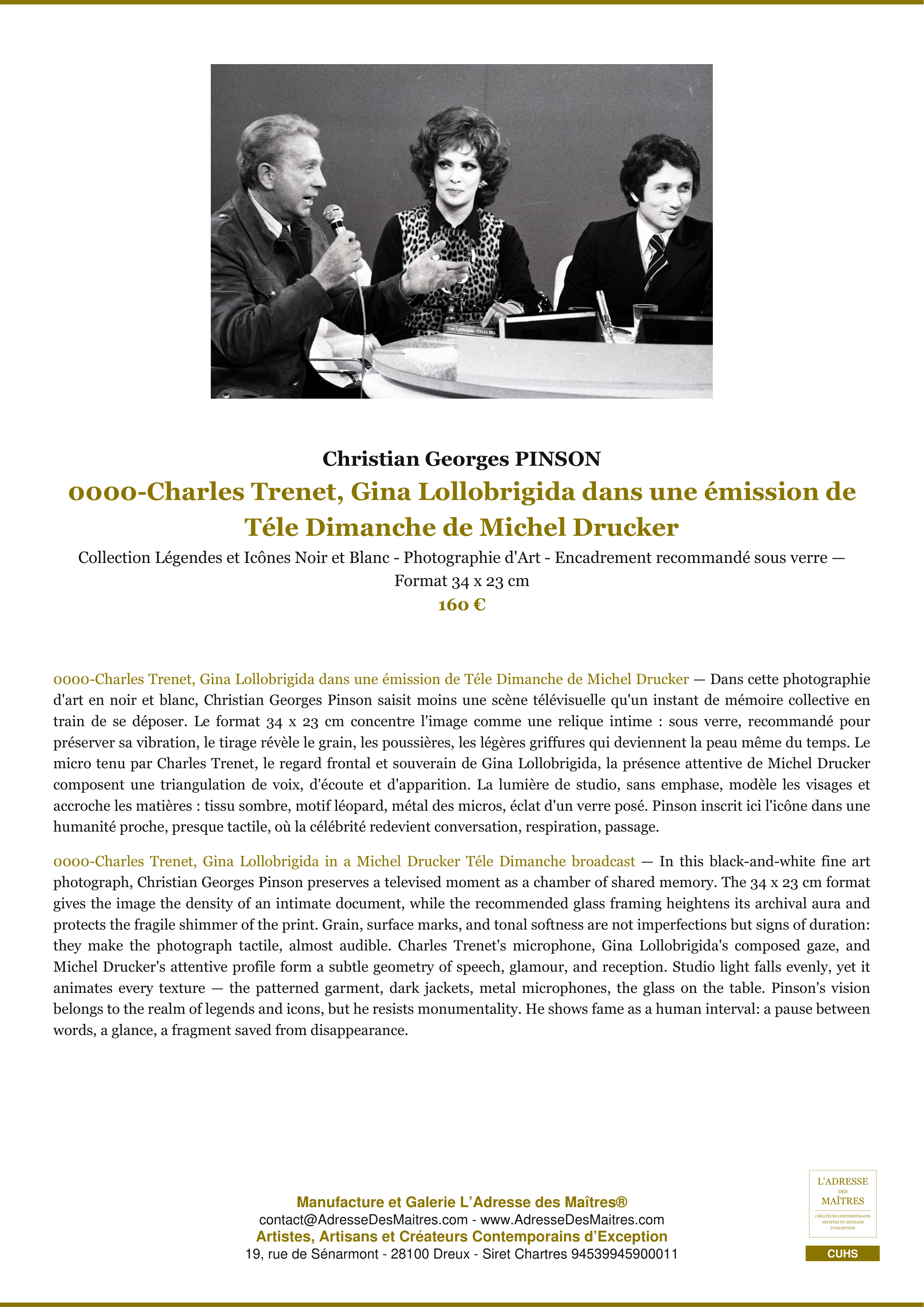 Fiche Premium — 0000-Charles Trenet, Gina Lollobrigida dans une émission de Téle Dimanche de Michel Drucker — Christian Georges PINSON — L'Adresse des Maîtres®