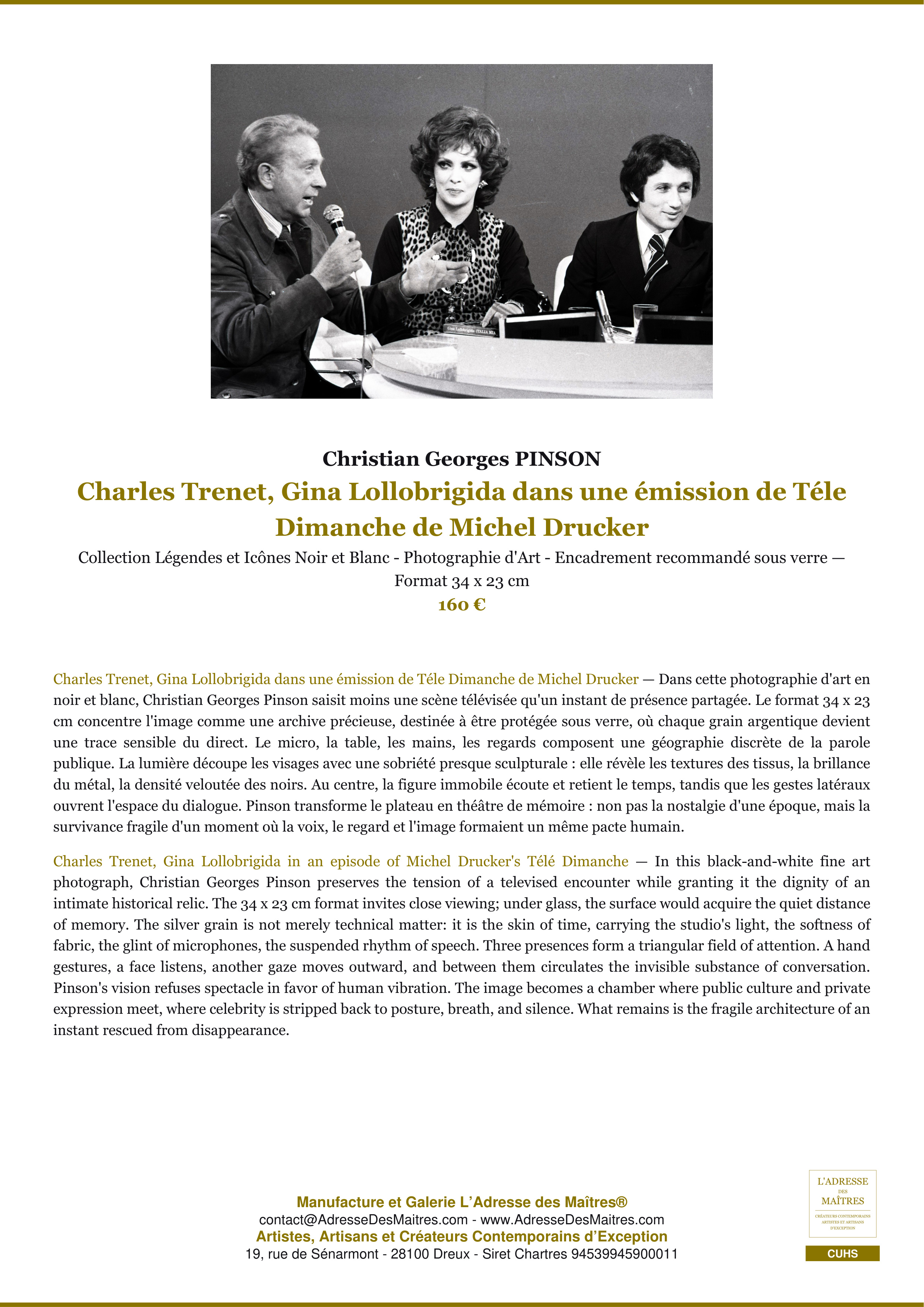 Fiche Premium — Charles Trenet, Gina Lollobrigida dans une émission de Téle Dimanche de Michel Drucker — Christian Georges PINSON — L'Adresse des Maîtres®