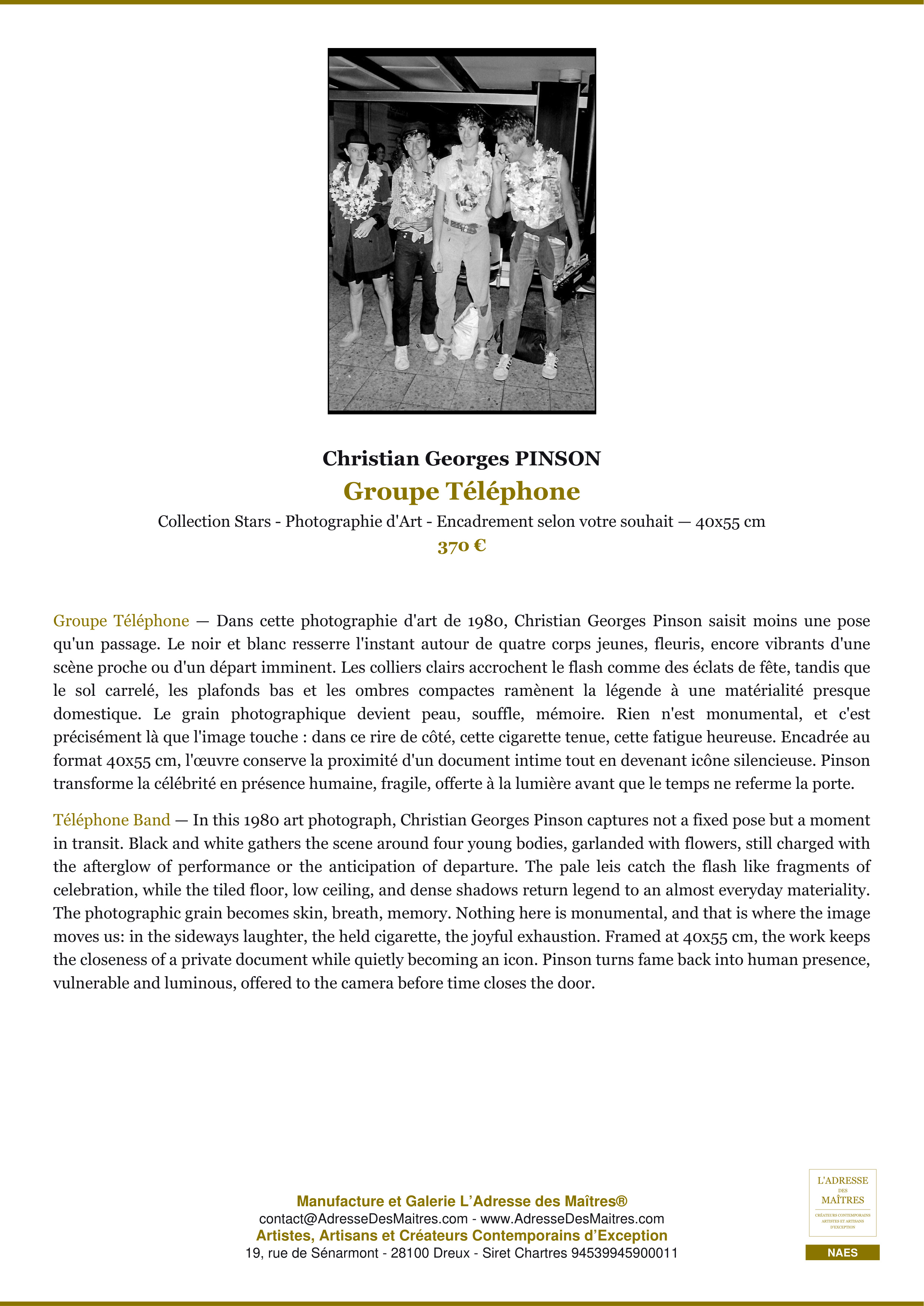 Fiche Premium — Groupe Téléphone — Christian Georges PINSON — L'Adresse des Maîtres®