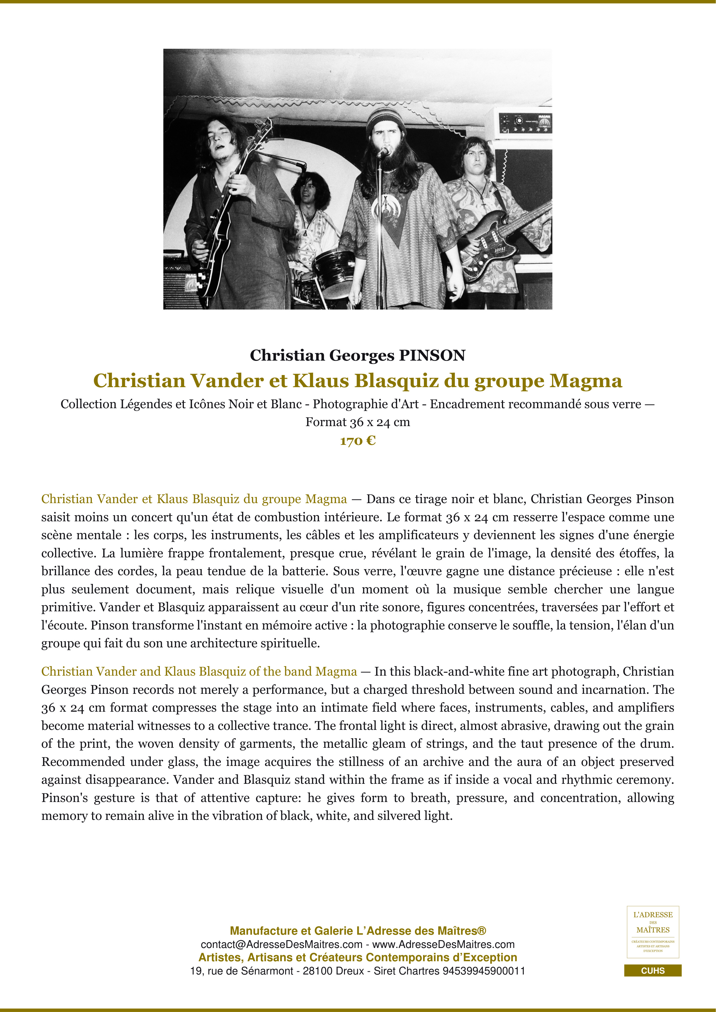 Fiche Premium — Christian Vander et Klaus Blasquiz du groupe Magma — Christian Georges PINSON — L'Adresse des Maîtres®