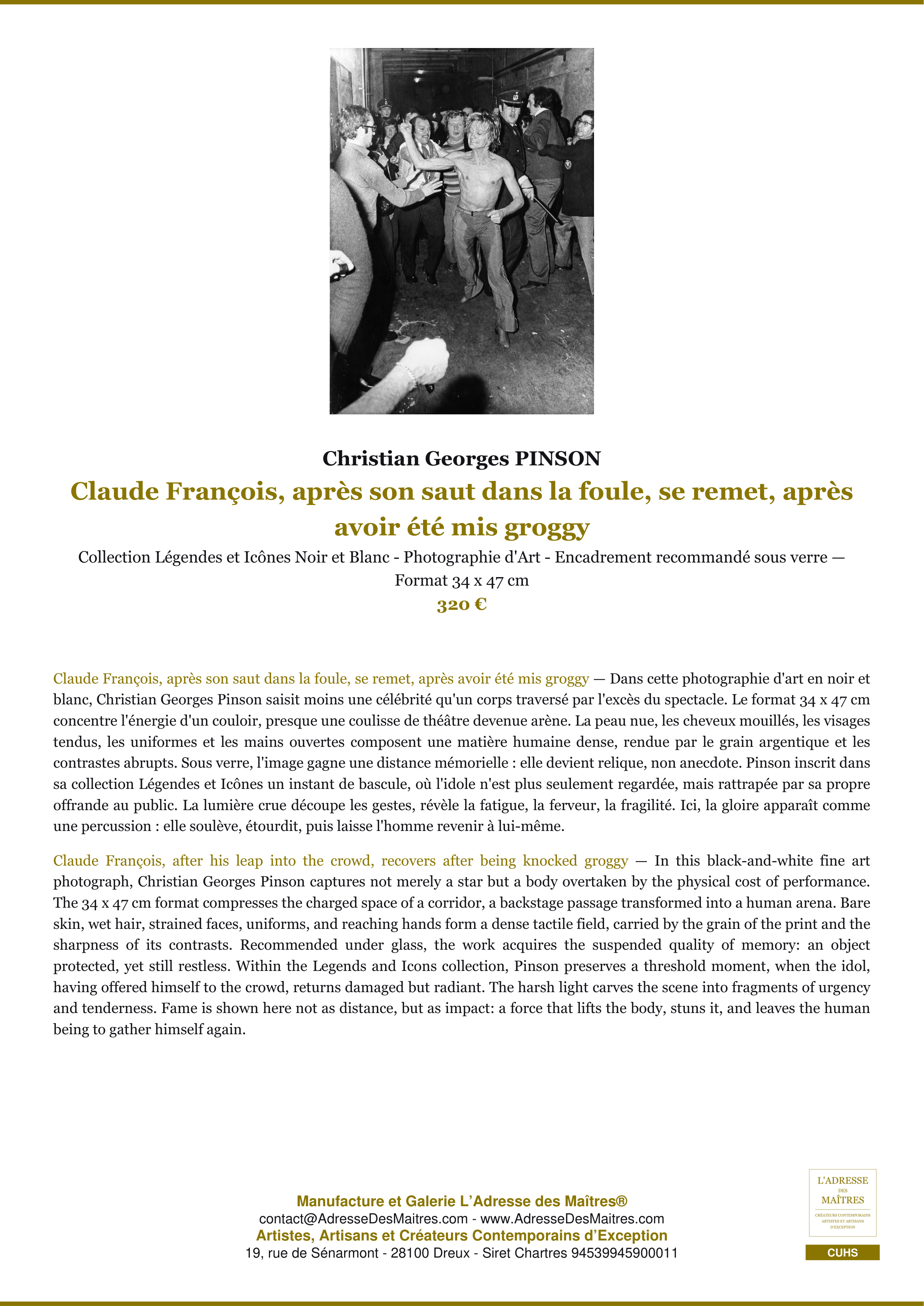 Fiche Premium — Claude François, après son saut dans la foule, se remet, après avoir été mis groggy — Christian Georges PINSON — L'Adresse des Maîtres®