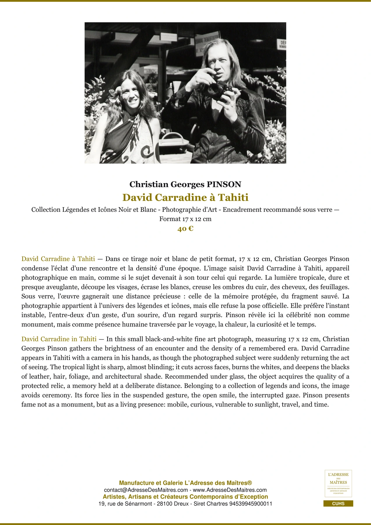 Fiche Premium - David Carradine à Tahiti - Christian Georges PINSON - L'Adresse des Maîtres®