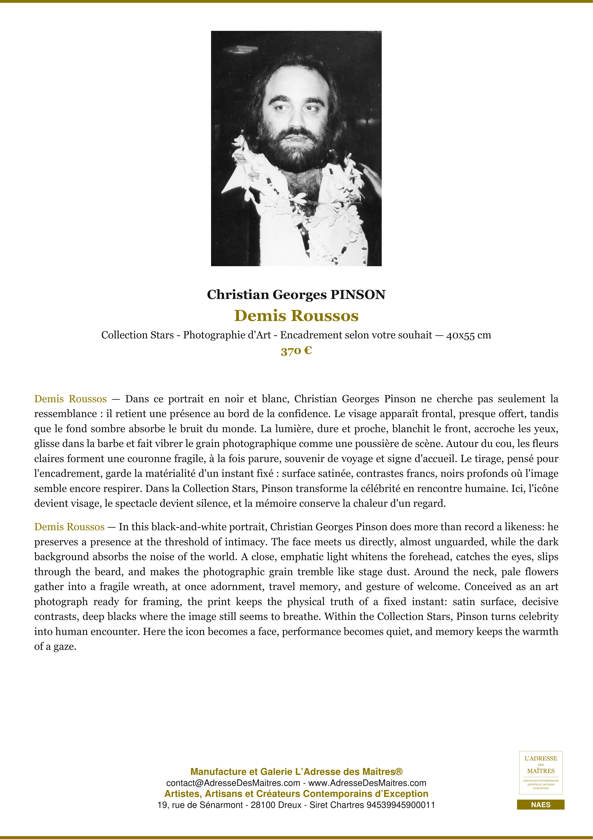 Fiche Premium — Demis Roussos — Christian Georges PINSON — L'Adresse des Maîtres®