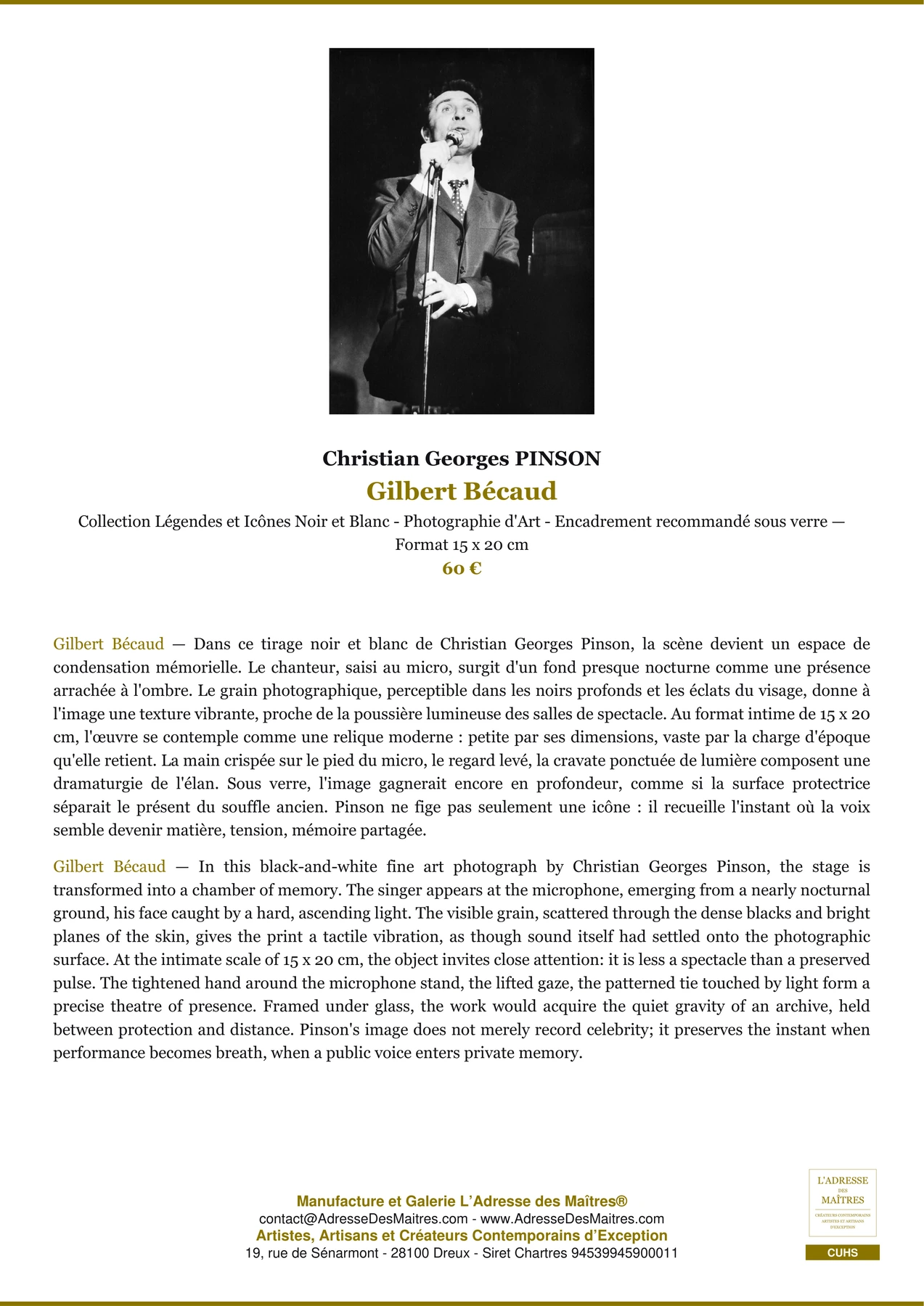 Fiche Premium - Gilbert Bécaud - Christian Georges PINSON - L'Adresse des Maîtres®
