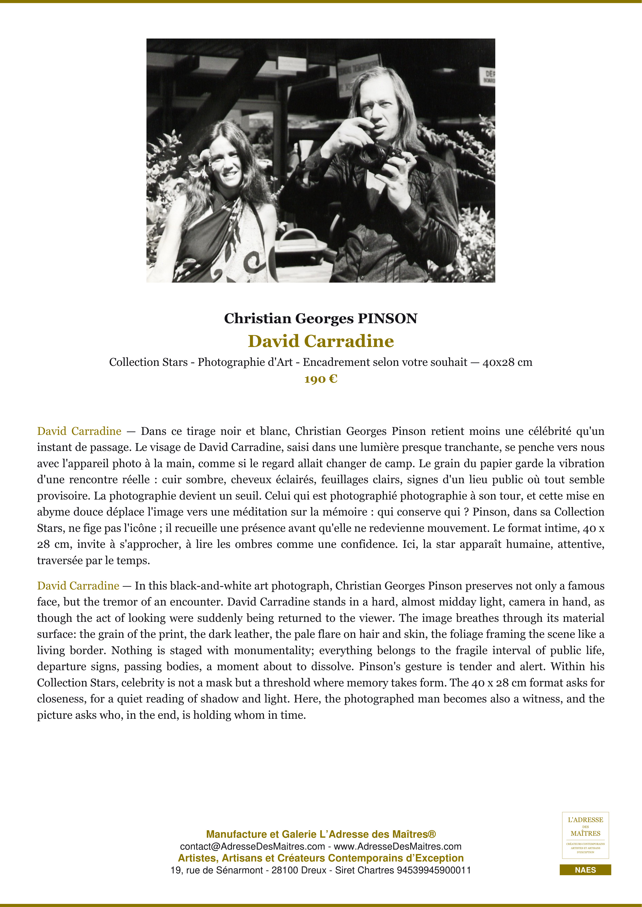 Fiche Premium — David Carradine — Christian Georges PINSON — L'Adresse des Maîtres®