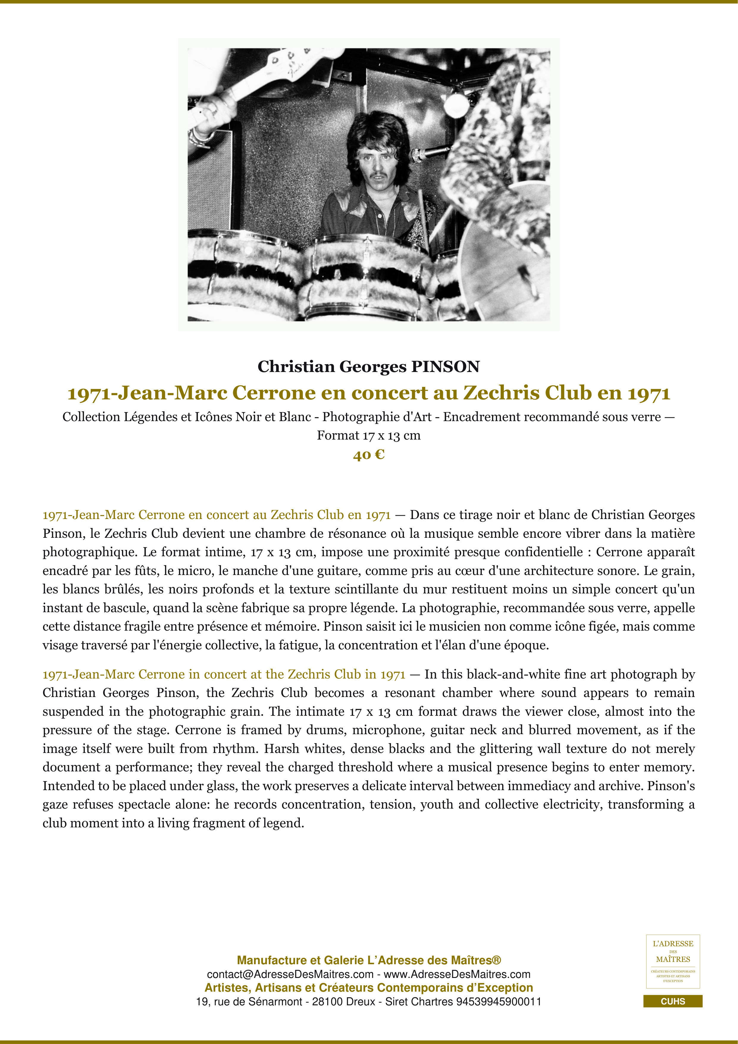 Fiche Premium — 1971-Jean-Marc Cerrone en concert au Zechris Club en 1971 — Christian Georges PINSON — L'Adresse des Maîtres®