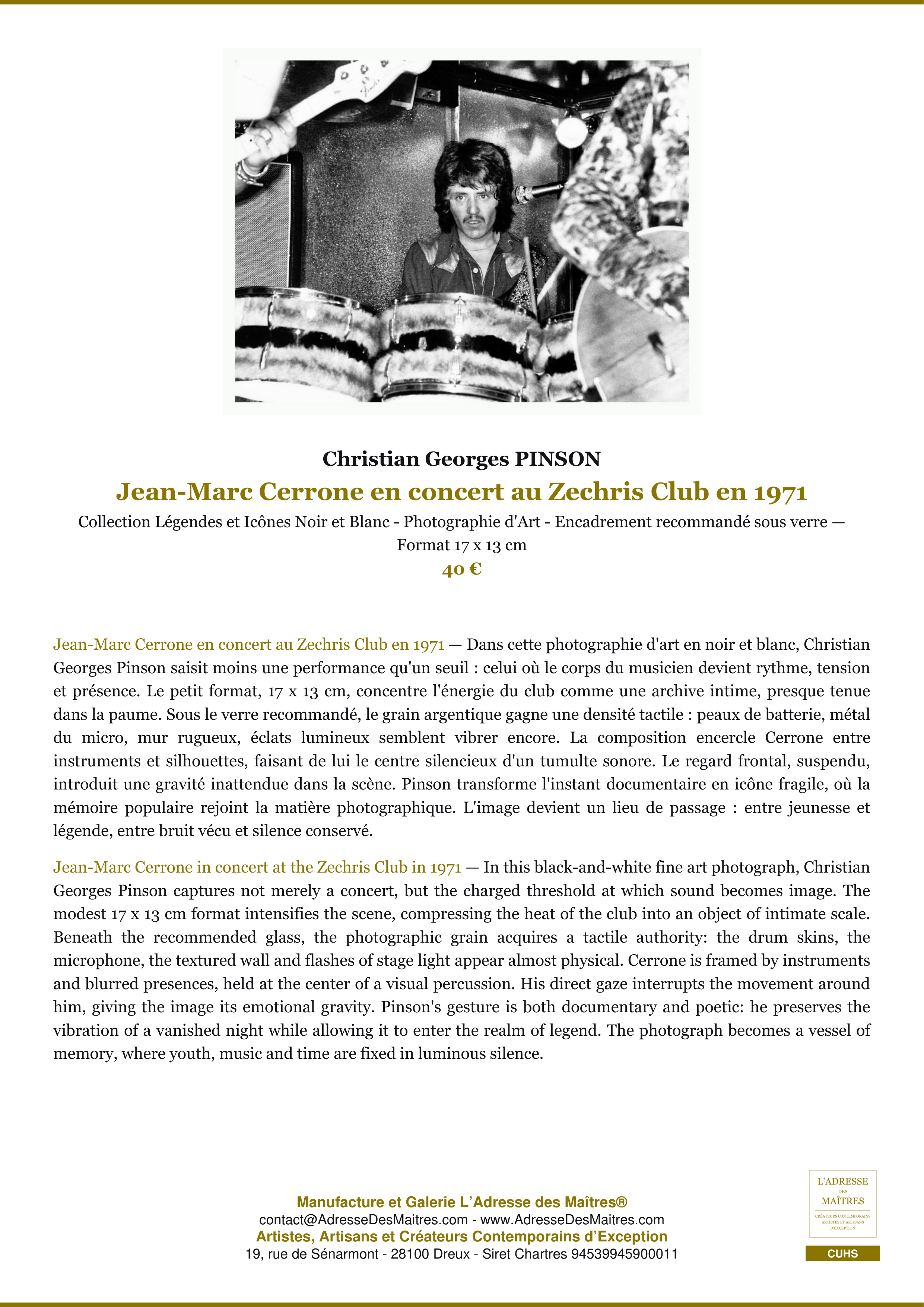 Fiche Premium — Jean-Marc Cerrone en concert au Zechris Club en 1971 — Christian Georges PINSON — L'Adresse des Maîtres®