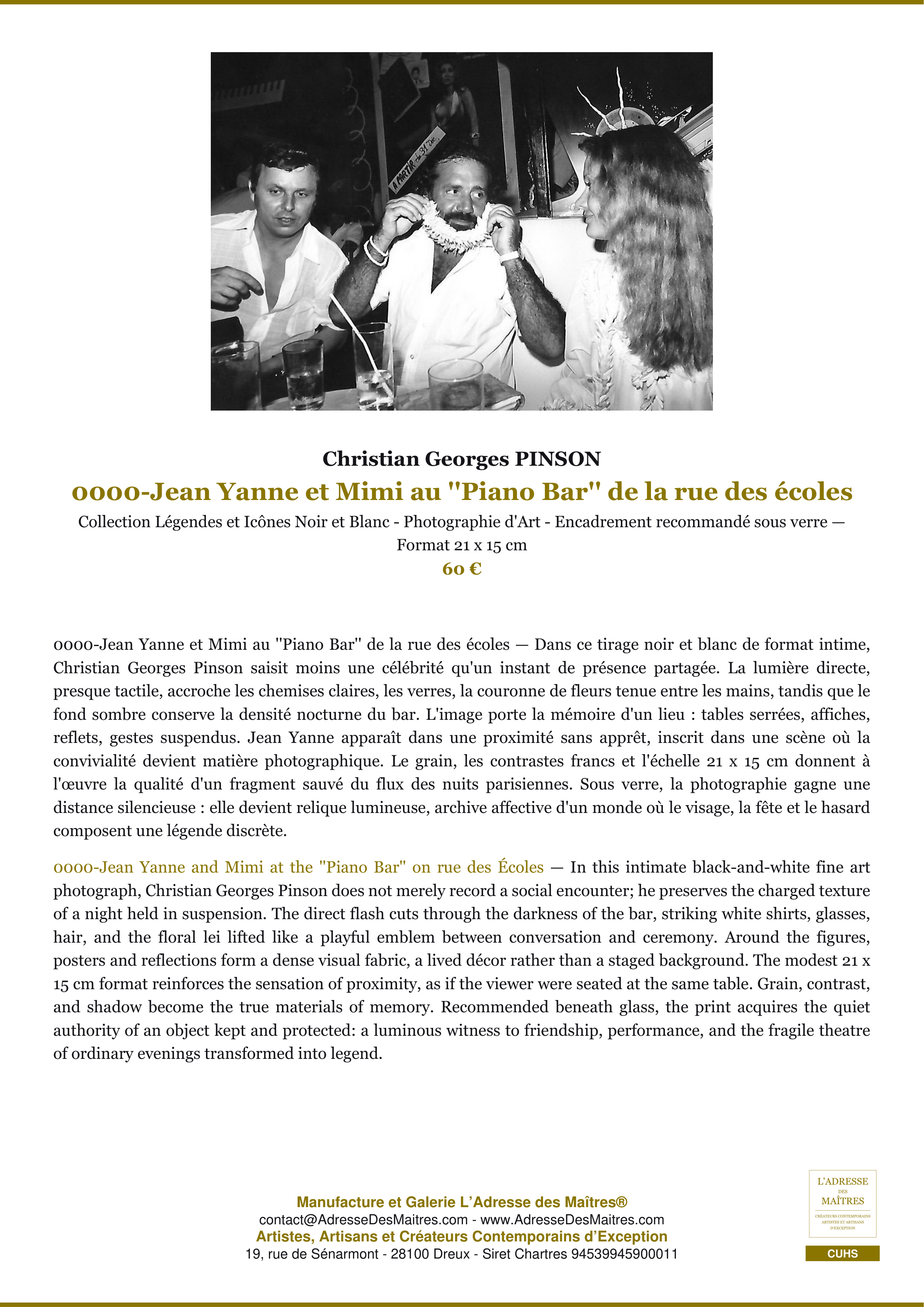 Fiche Premium — 0000-Jean Yanne et Mimi  au ''Piano Bar'' de la rue des écoles — Christian Georges PINSON — L'Adresse des Maîtres®