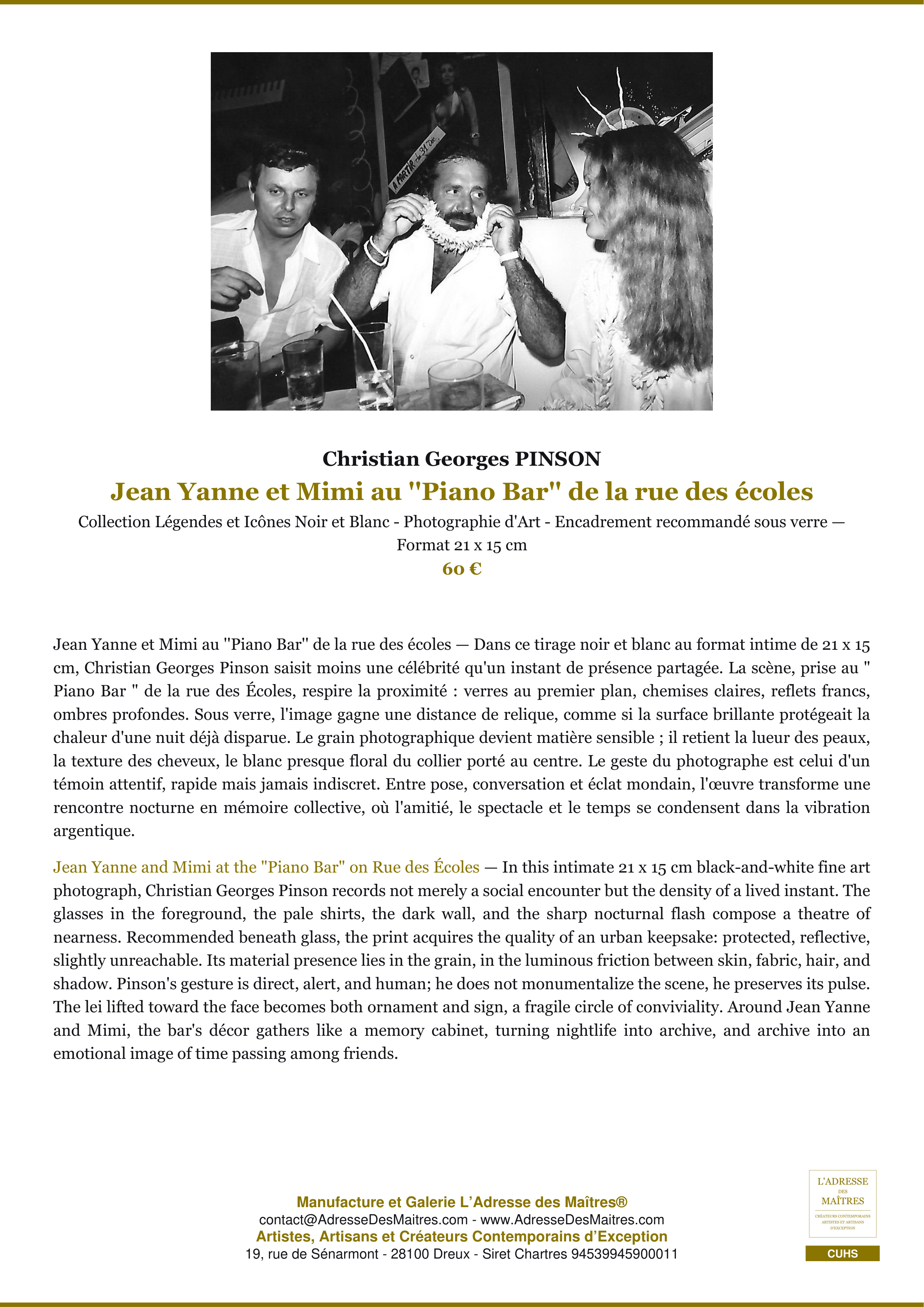 Fiche Premium — Jean Yanne et Mimi  au ''Piano Bar'' de la rue des écoles — Christian Georges PINSON — L'Adresse des Maîtres®