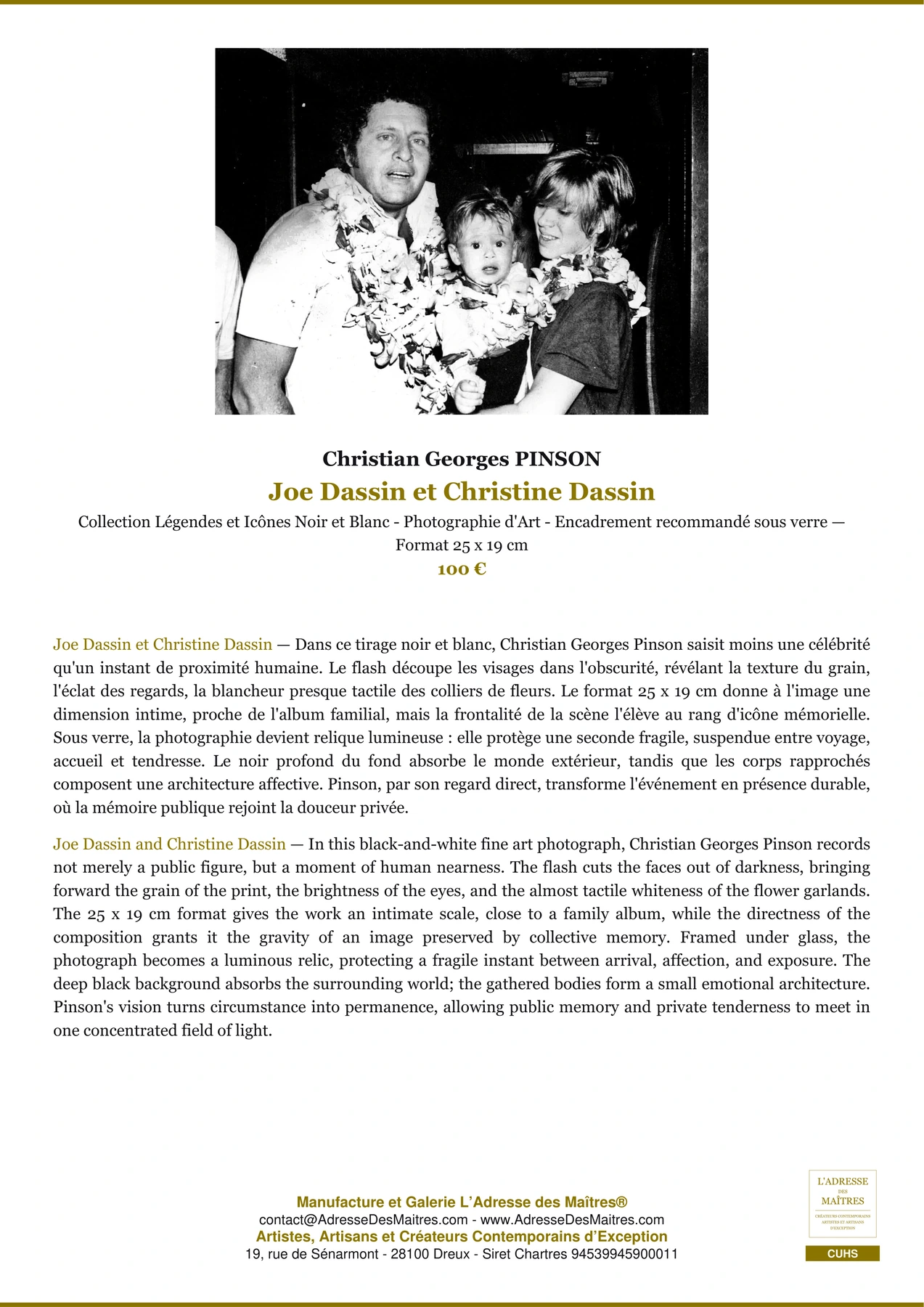 Fiche Premium - Joe Dassin et Christine Dassin - Christian Georges PINSON - L'Adresse des Maîtres®