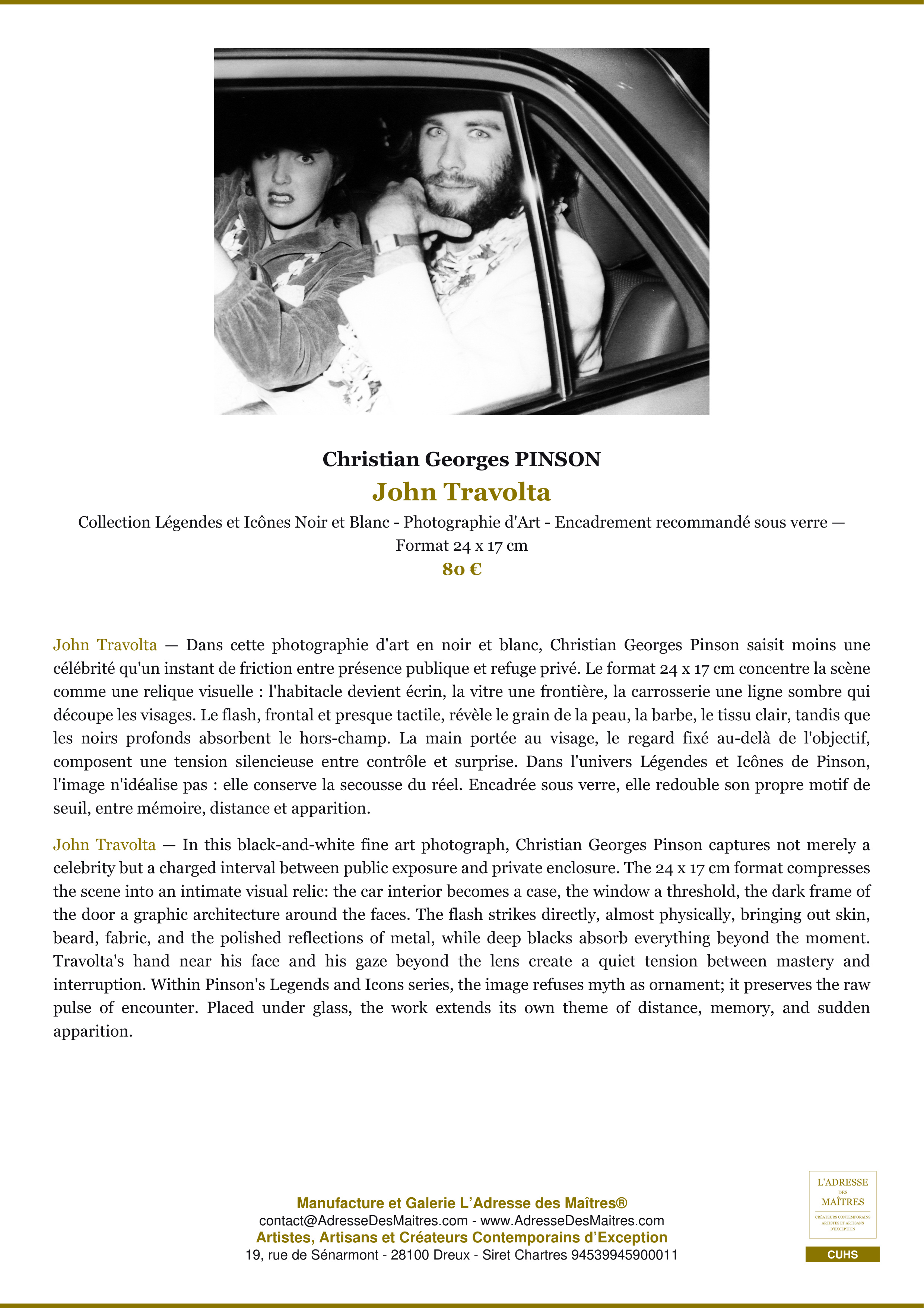 Fiche Premium — John Travolta — Christian Georges PINSON — L'Adresse des Maîtres®