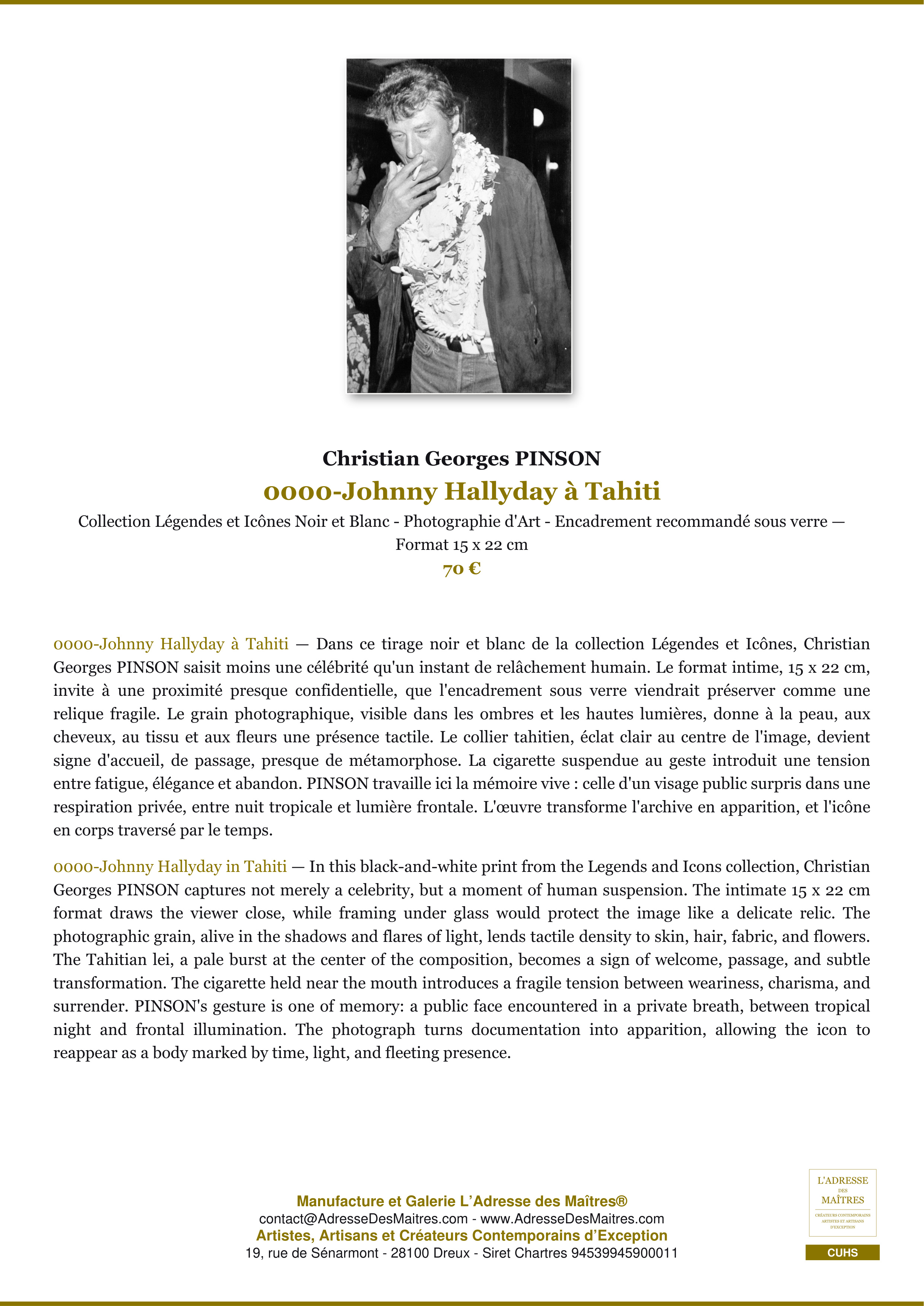 Fiche Premium — 0000-Johnny Hallyday à Tahiti — Christian Georges PINSON — L'Adresse des Maîtres®