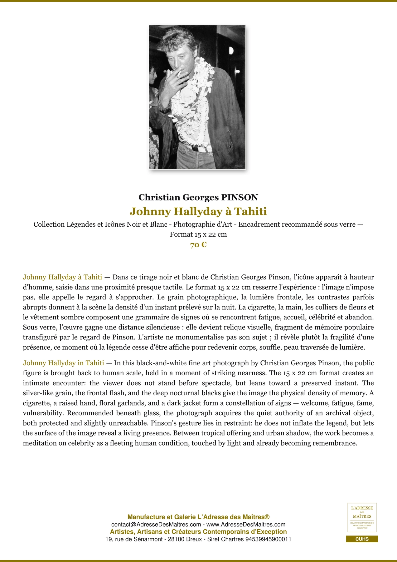 Fiche Premium - Johnny Hallyday à Tahiti - Christian Georges PINSON - L'Adresse des Maîtres®