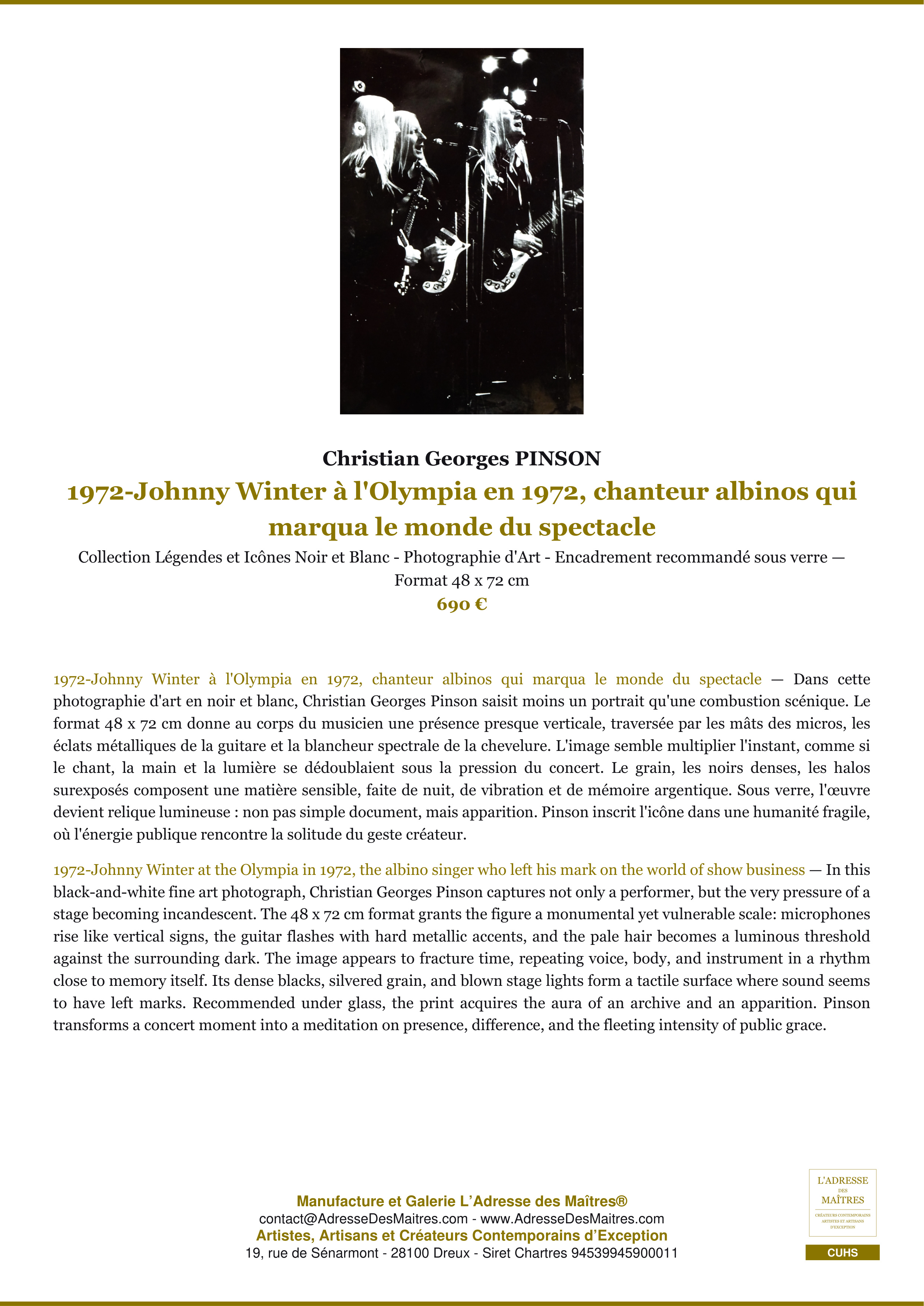 Fiche Premium — 1972-Johnny Winter à l'Olympia en 1972, chanteur albinos qui marqua le monde du spectacle — Christian Georges PINSON — L'Adresse des Maîtres®