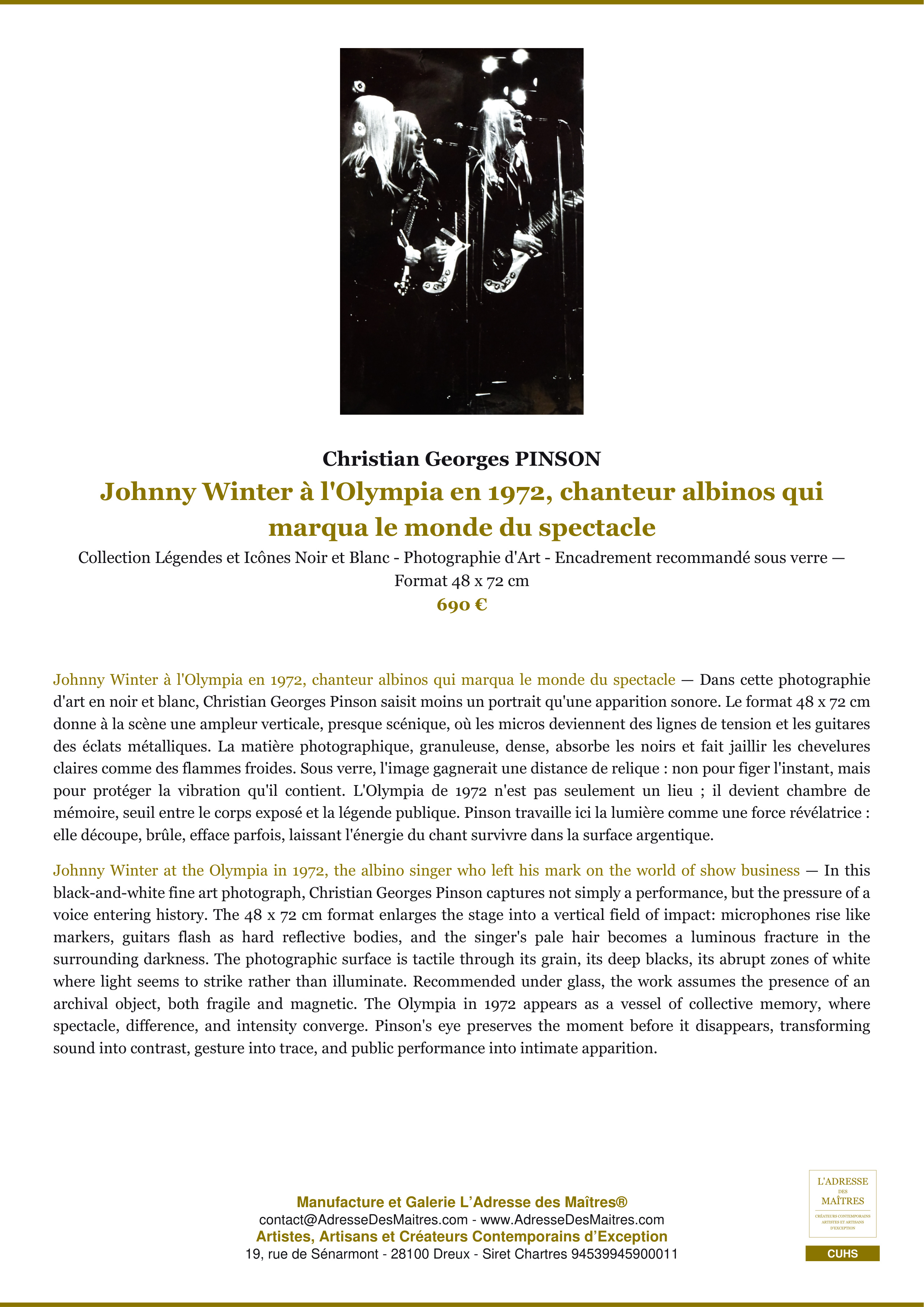 Fiche Premium — Johnny Winter à l'Olympia en 1972, chanteur albinos qui marqua le monde du spectacle — Christian Georges PINSON — L'Adresse des Maîtres®