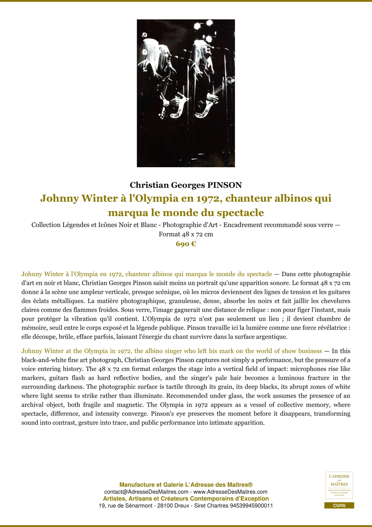 Fiche Premium - Johnny Winter à l'Olympia en 1972, chanteur albinos qui marqua le monde du spectacle - Christian Georges PINSON - L'Adresse des Maîtres®