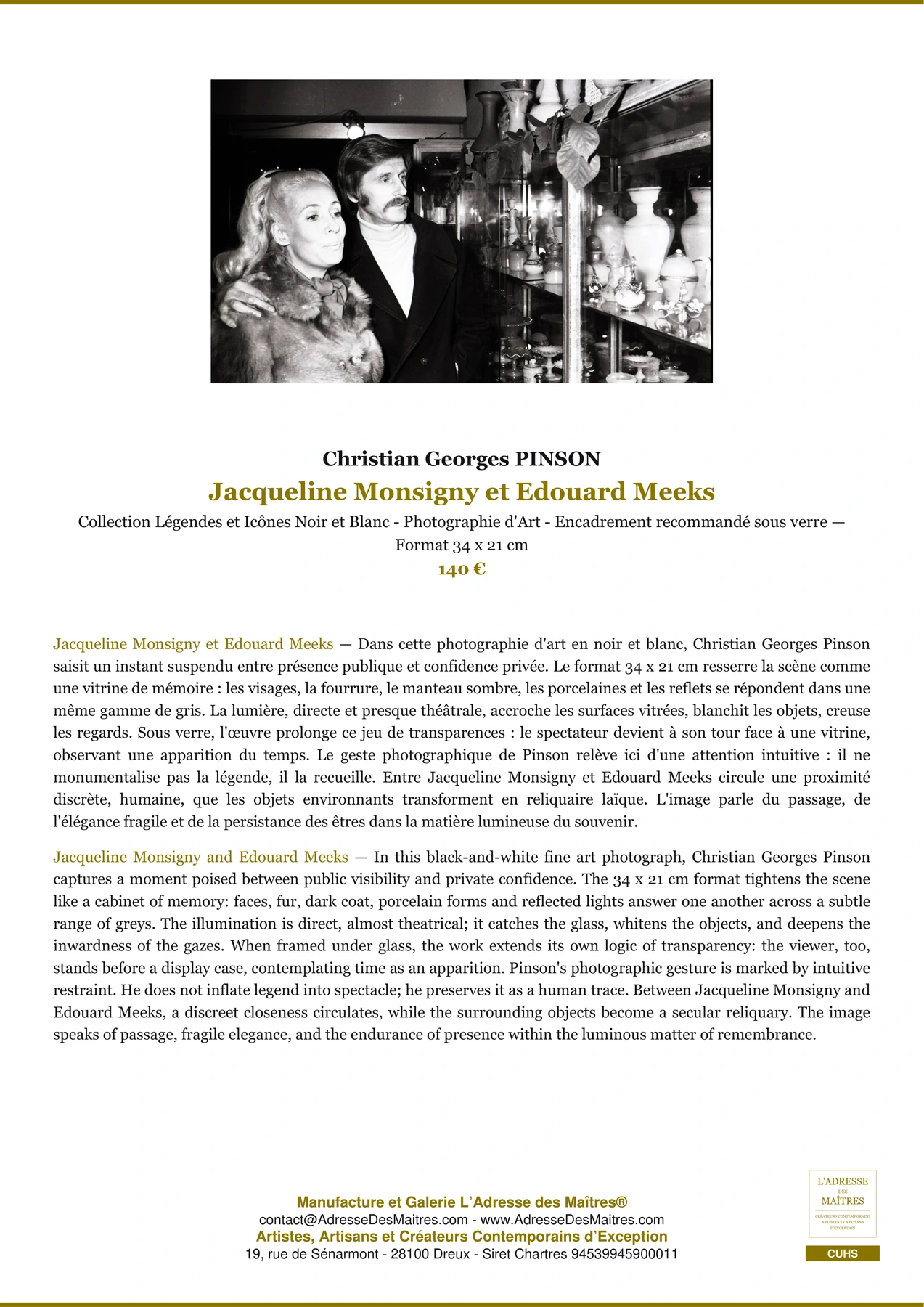Fiche Premium - Jacqueline Monsigny et Edouard Meeks - Christian Georges PINSON - L'Adresse des Maîtres®