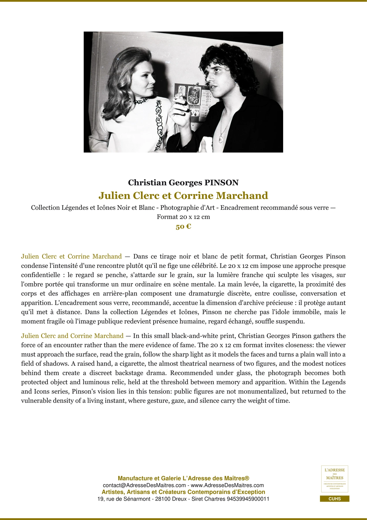 Fiche Premium - Julien Clerc et Corrine Marchand - Christian Georges PINSON - L'Adresse des Maîtres®