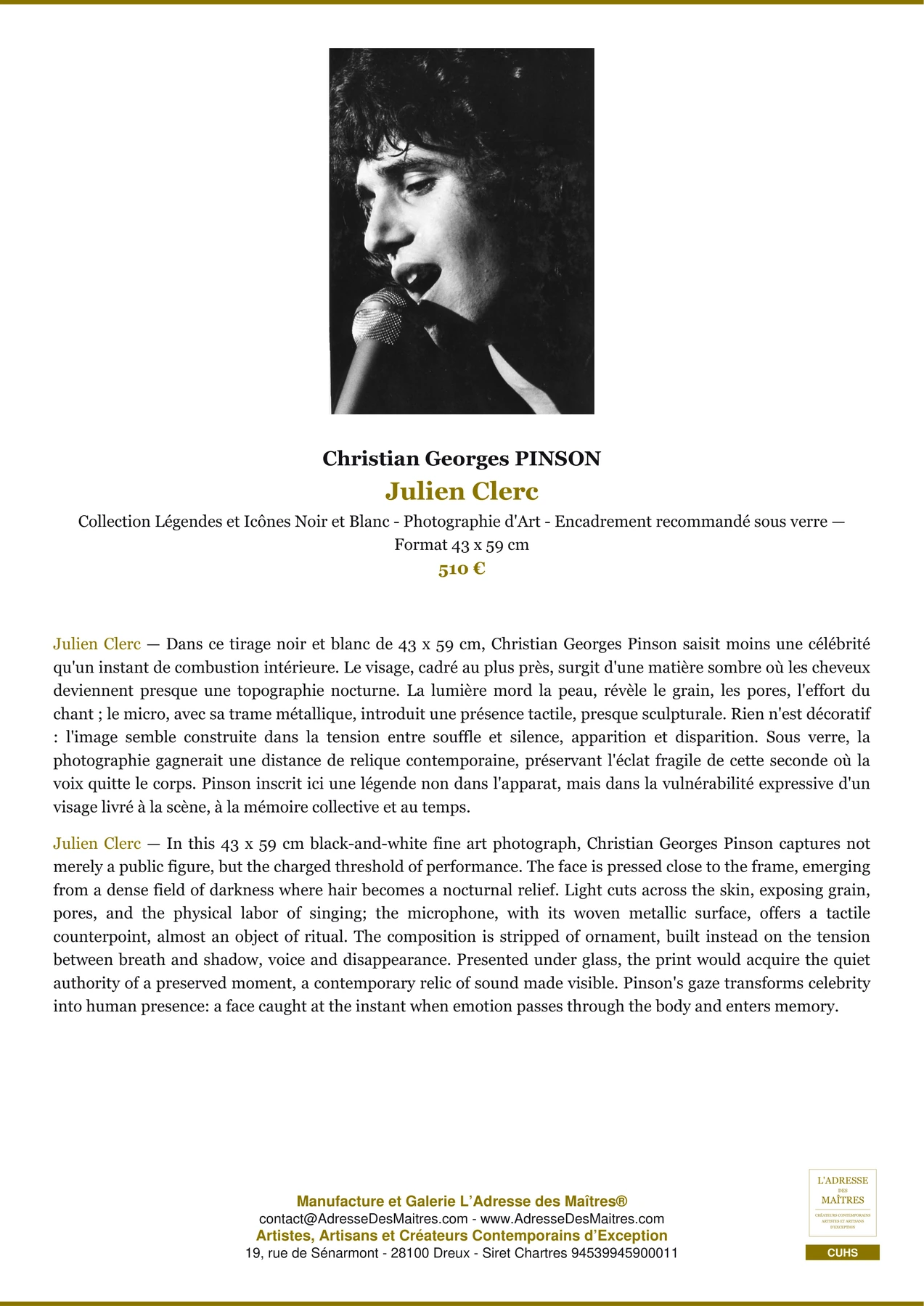 Fiche Premium - Julien Clerc - Christian Georges PINSON - L'Adresse des Maîtres®