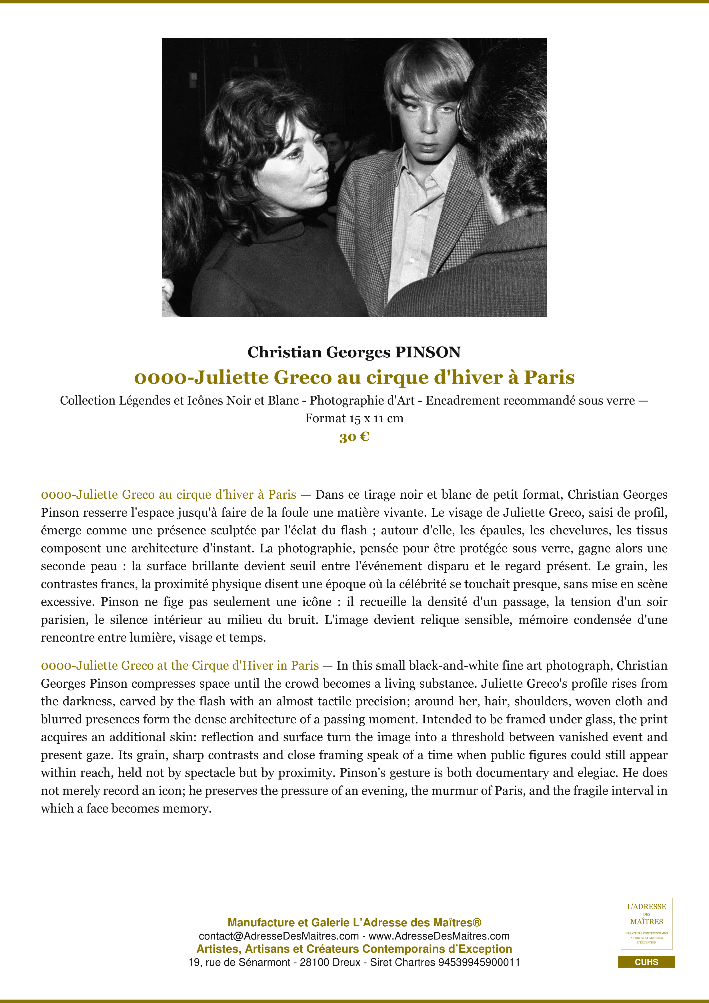 Fiche Premium — 0000-Juliette Greco au cirque d'hiver à Paris — Christian Georges PINSON — L'Adresse des Maîtres®
