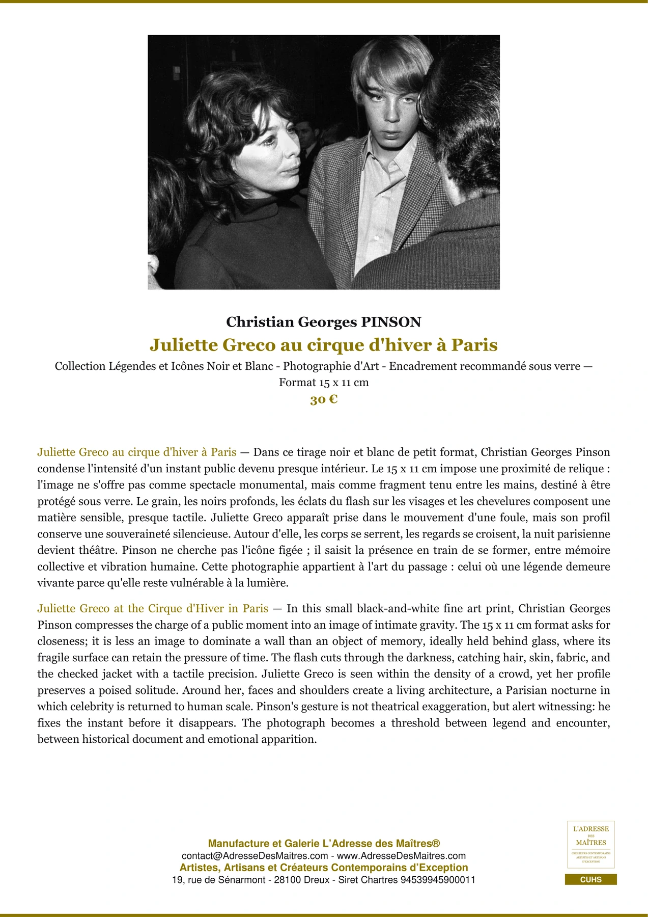 Fiche Premium - Juliette Greco au cirque d'hiver à Paris - Christian Georges PINSON - L'Adresse des Maîtres®