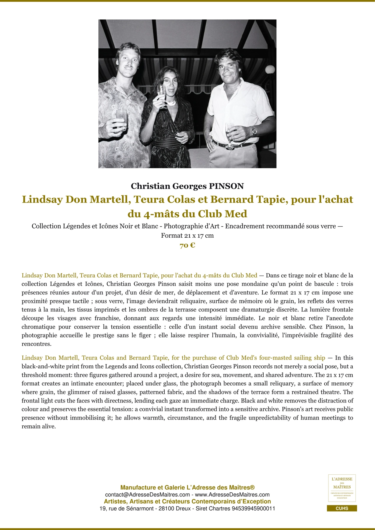 Fiche Premium - Lindsay Don Martell, Teura Colas et Bernard Tapie, pour l'achat du 4-mâts du Club Med - Christian Georges PINSON - L'Adresse des Maîtres®