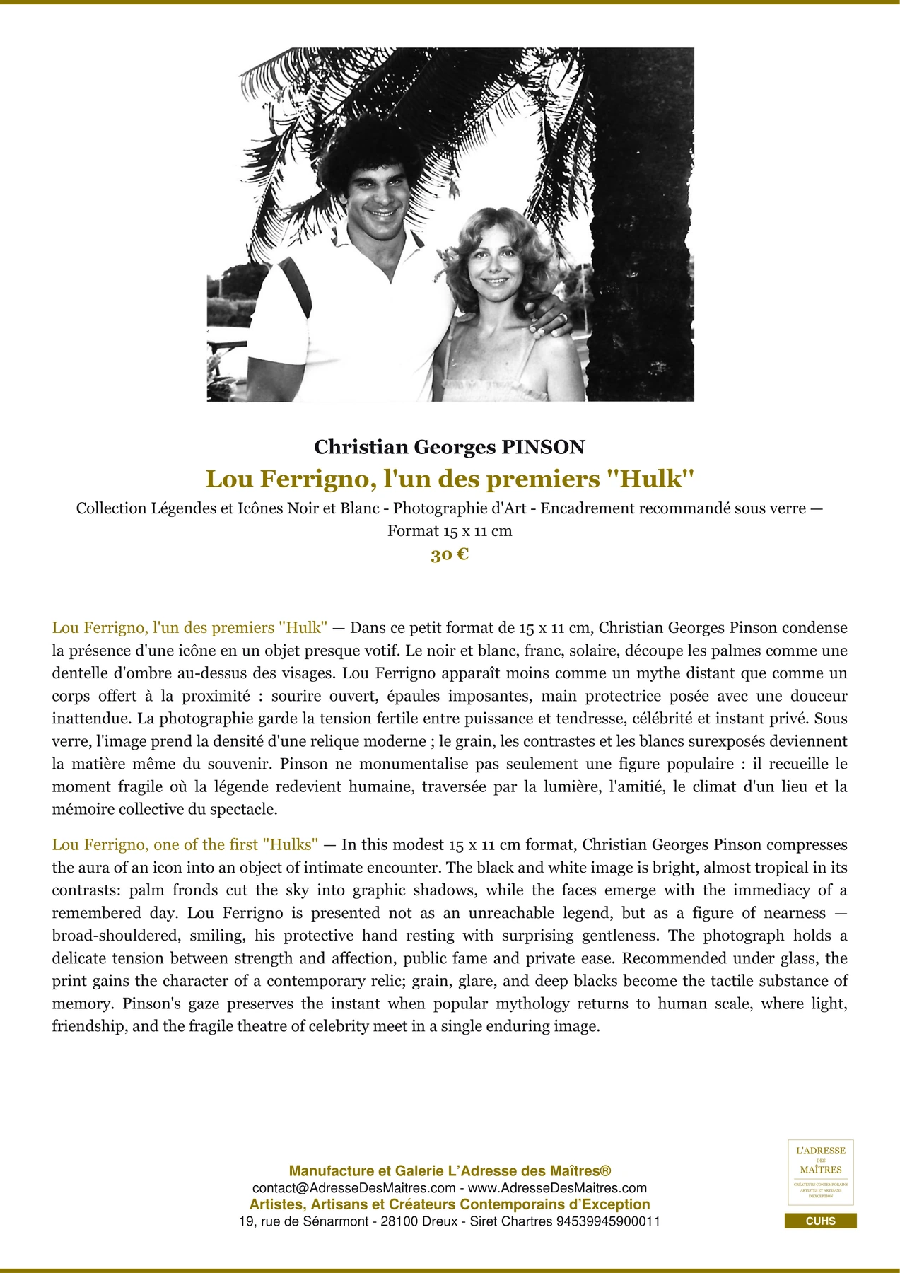 Fiche Premium - Lou Ferrigno, l'un des premiers ''Hulk'' - Christian Georges PINSON - L'Adresse des Maîtres®