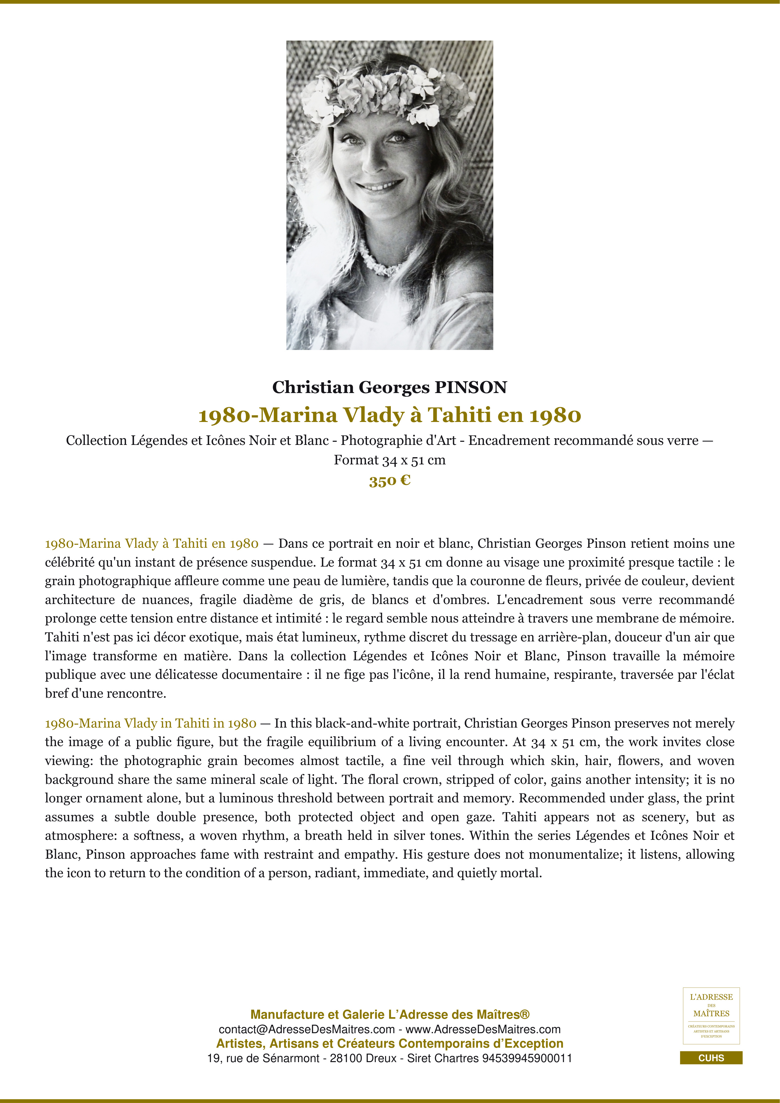 Fiche Premium — 1980-Marina Vlady à Tahiti en 1980 — Christian Georges PINSON — L'Adresse des Maîtres®
