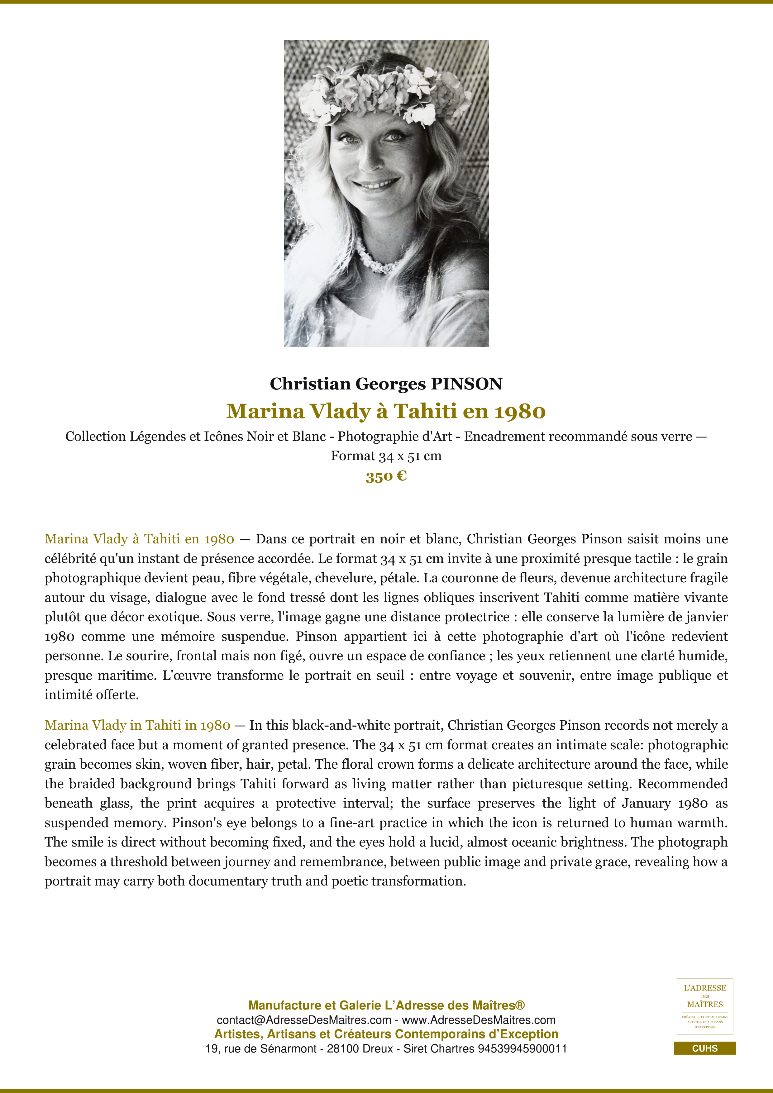 Fiche Premium — Marina Vlady à Tahiti en 1980 — Christian Georges PINSON — L'Adresse des Maîtres®