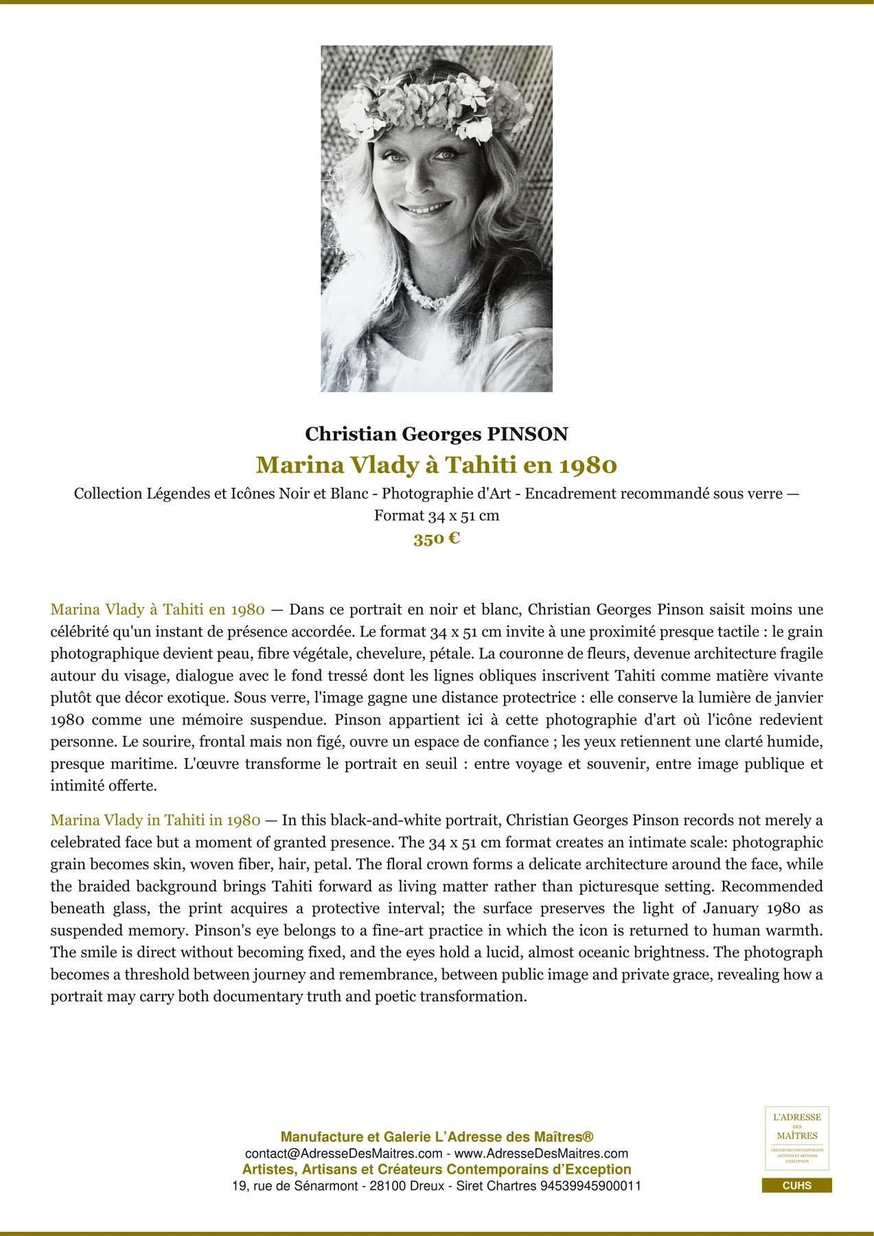 Fiche Premium - Marina Vlady à Tahiti en 1980 - Christian Georges PINSON - L'Adresse des Maîtres®