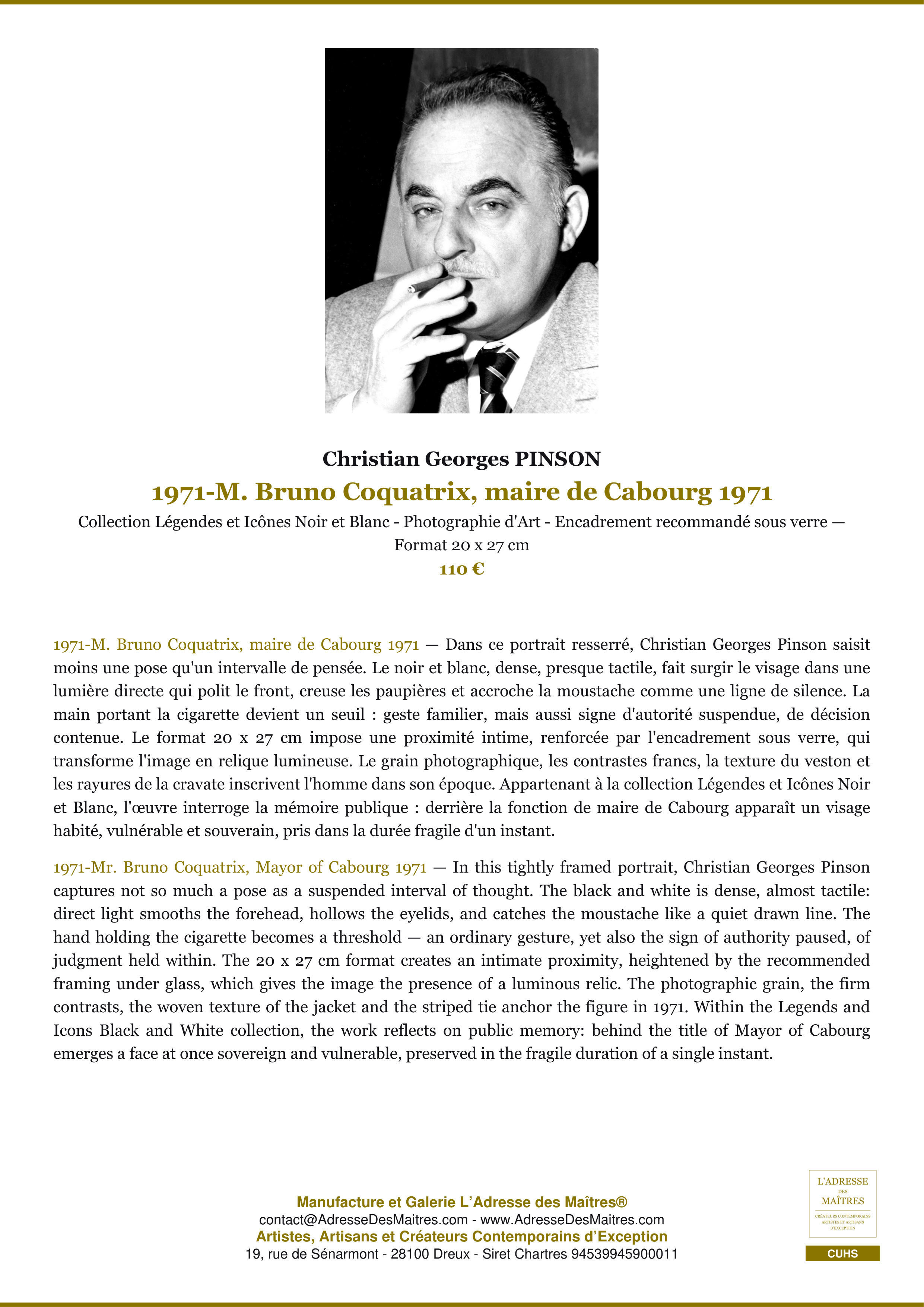 Fiche Premium — 1971-M. Bruno Coquatrix, maire de Cabourg 1971 — Christian Georges PINSON — L'Adresse des Maîtres®