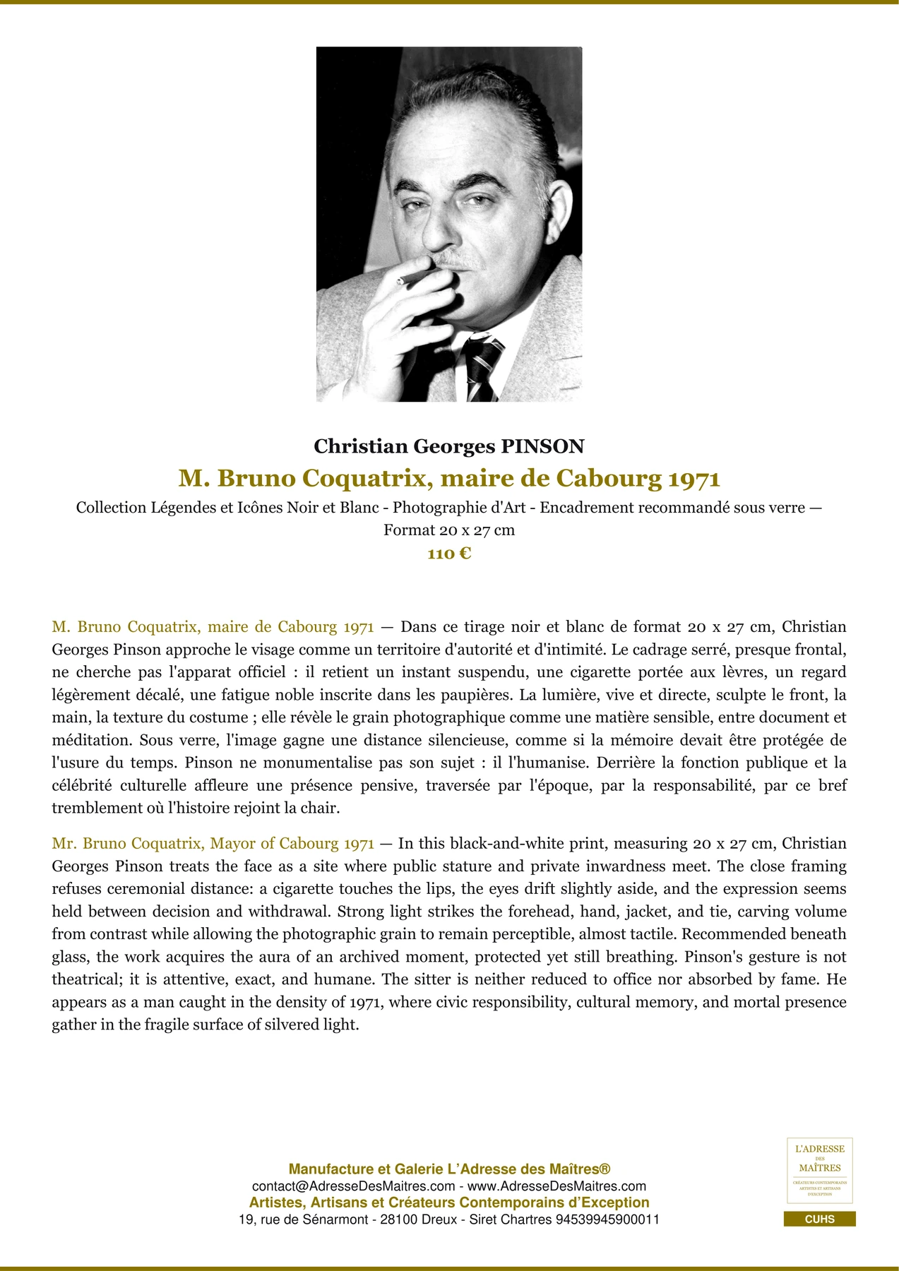 Fiche Premium - M. Bruno Coquatrix, maire de Cabourg 1971 - Christian Georges PINSON - L'Adresse des Maîtres®