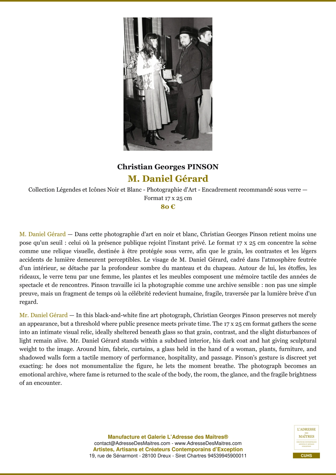 Fiche Premium - M. Daniel Gérard - Christian Georges PINSON - L'Adresse des Maîtres®