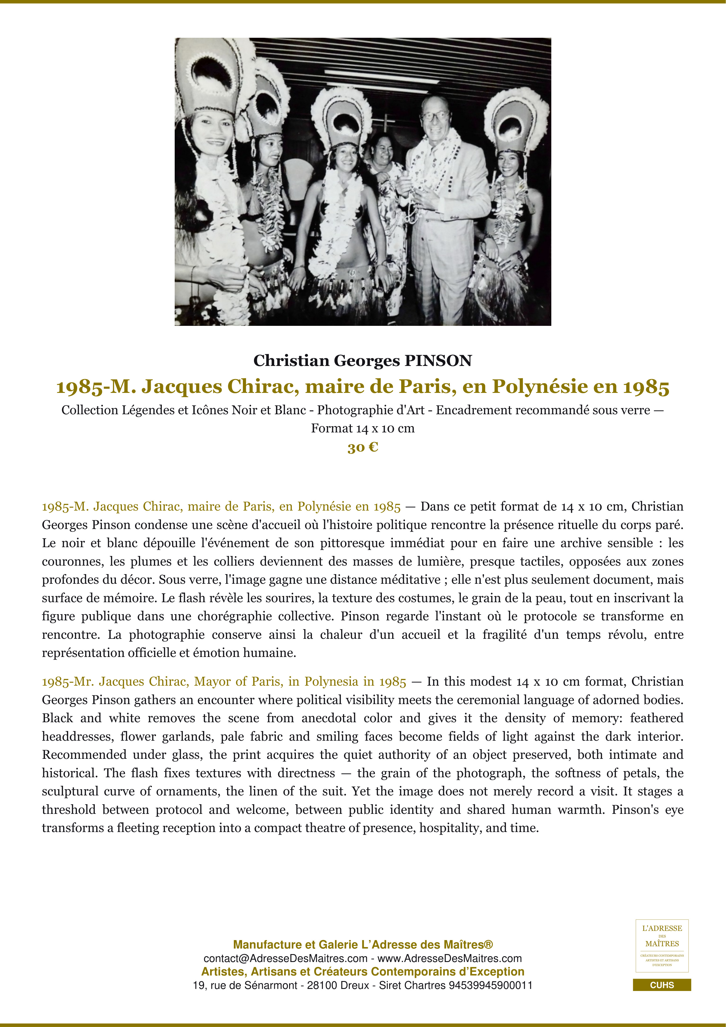 Fiche Premium — 1985-M. Jacques Chirac, maire de Paris, en Polynésie en 1985 — Christian Georges PINSON — L'Adresse des Maîtres®