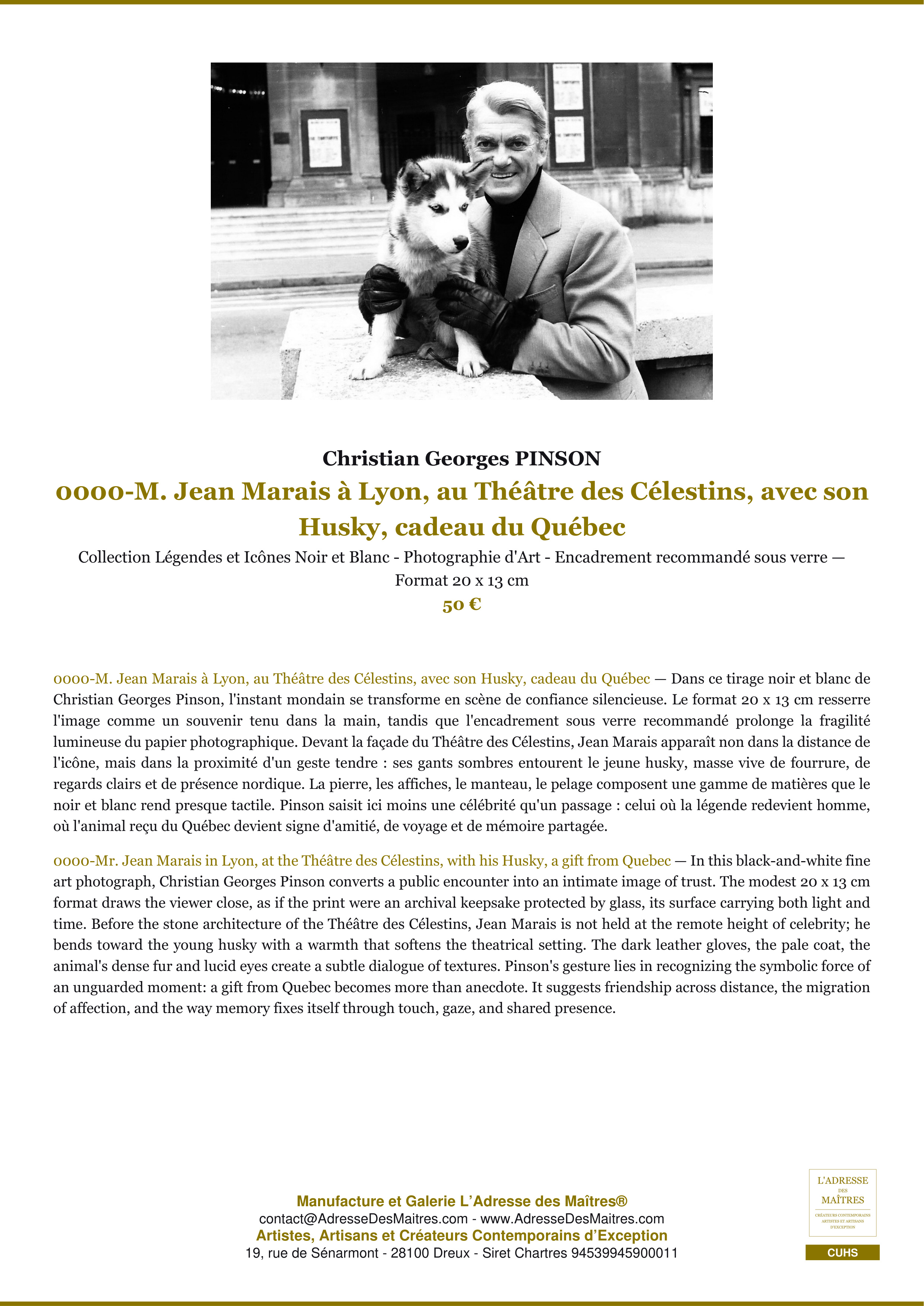 Fiche Premium — 0000-M. Jean Marais à Lyon, au Théâtre des Célestins, avec son Husky, cadeau du Québec — Christian Georges PINSON — L'Adresse des Maîtres®