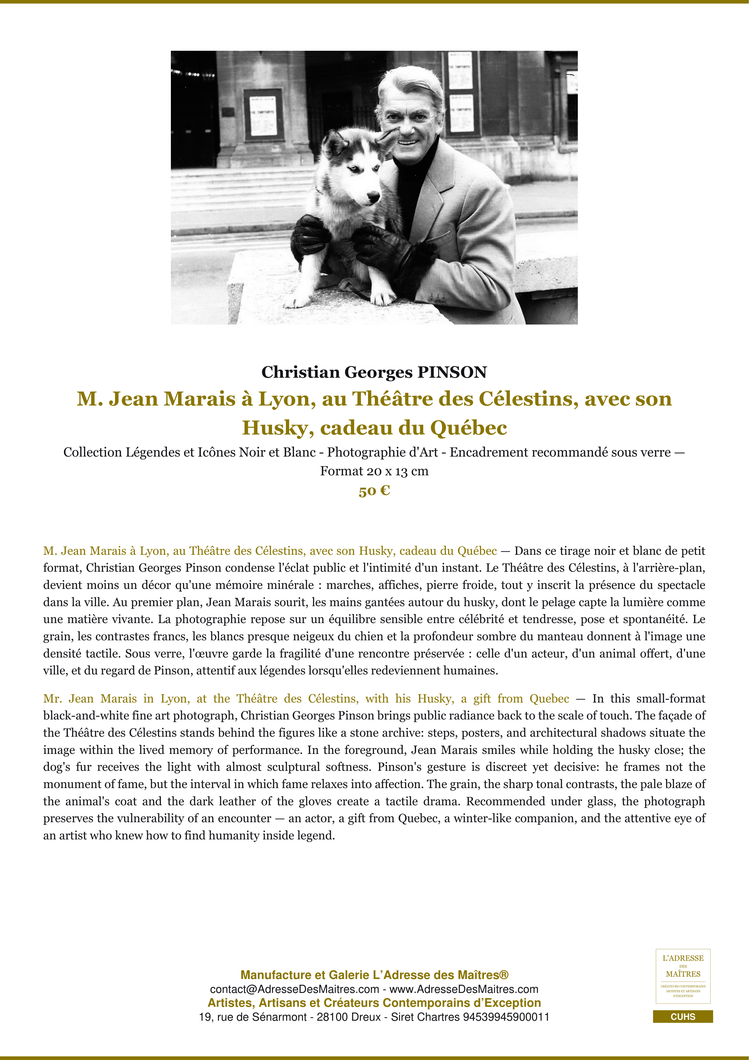 Fiche Premium — M. Jean Marais à Lyon, au Théâtre des Célestins, avec son Husky, cadeau du Québec — Christian Georges PINSON — L'Adresse des Maîtres®