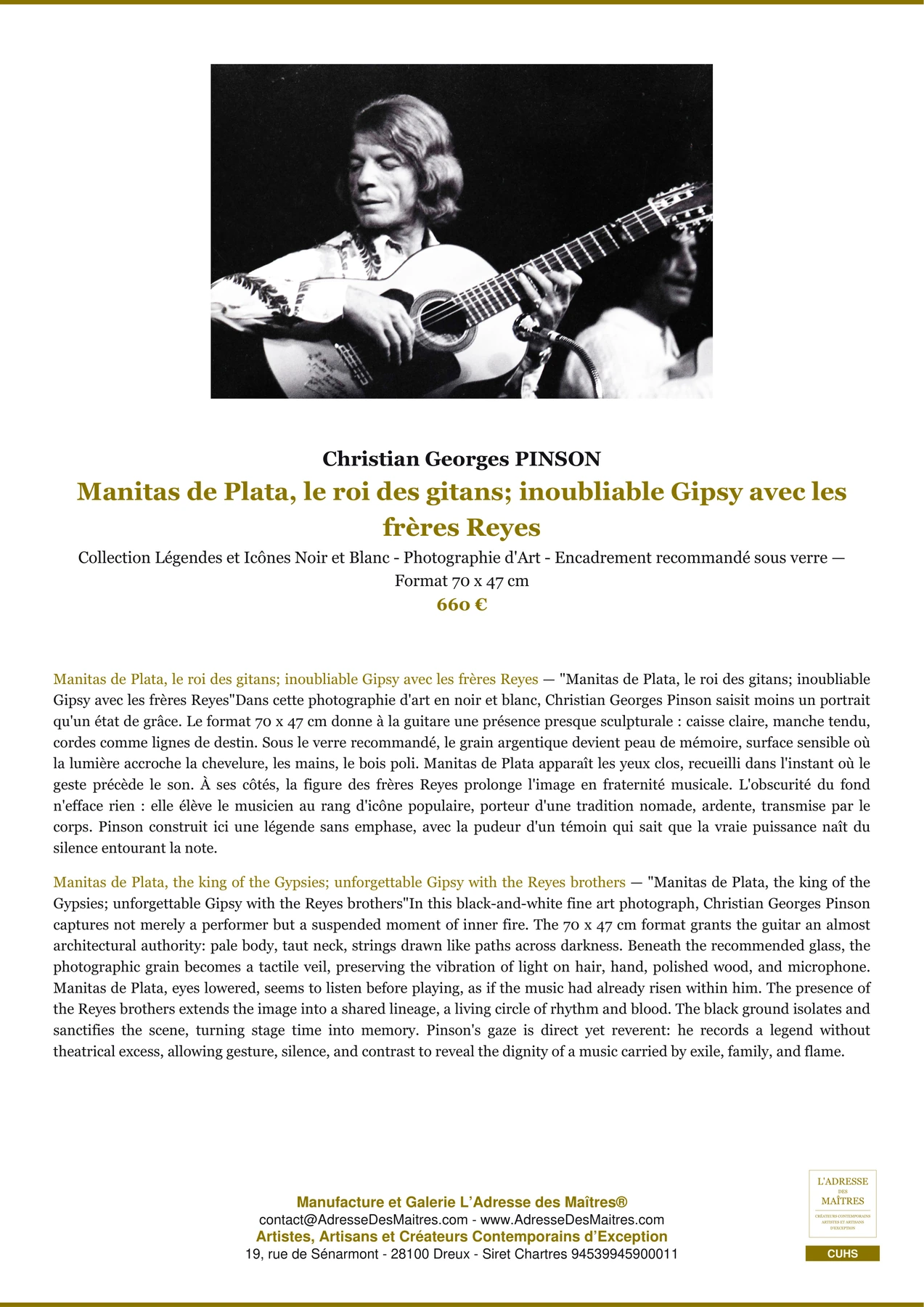 Fiche Premium - Manitas de Plata, le roi des gitans; inoubliable Gipsy avec les frères Reyes - Christian Georges PINSON - L'Adresse des Maîtres®