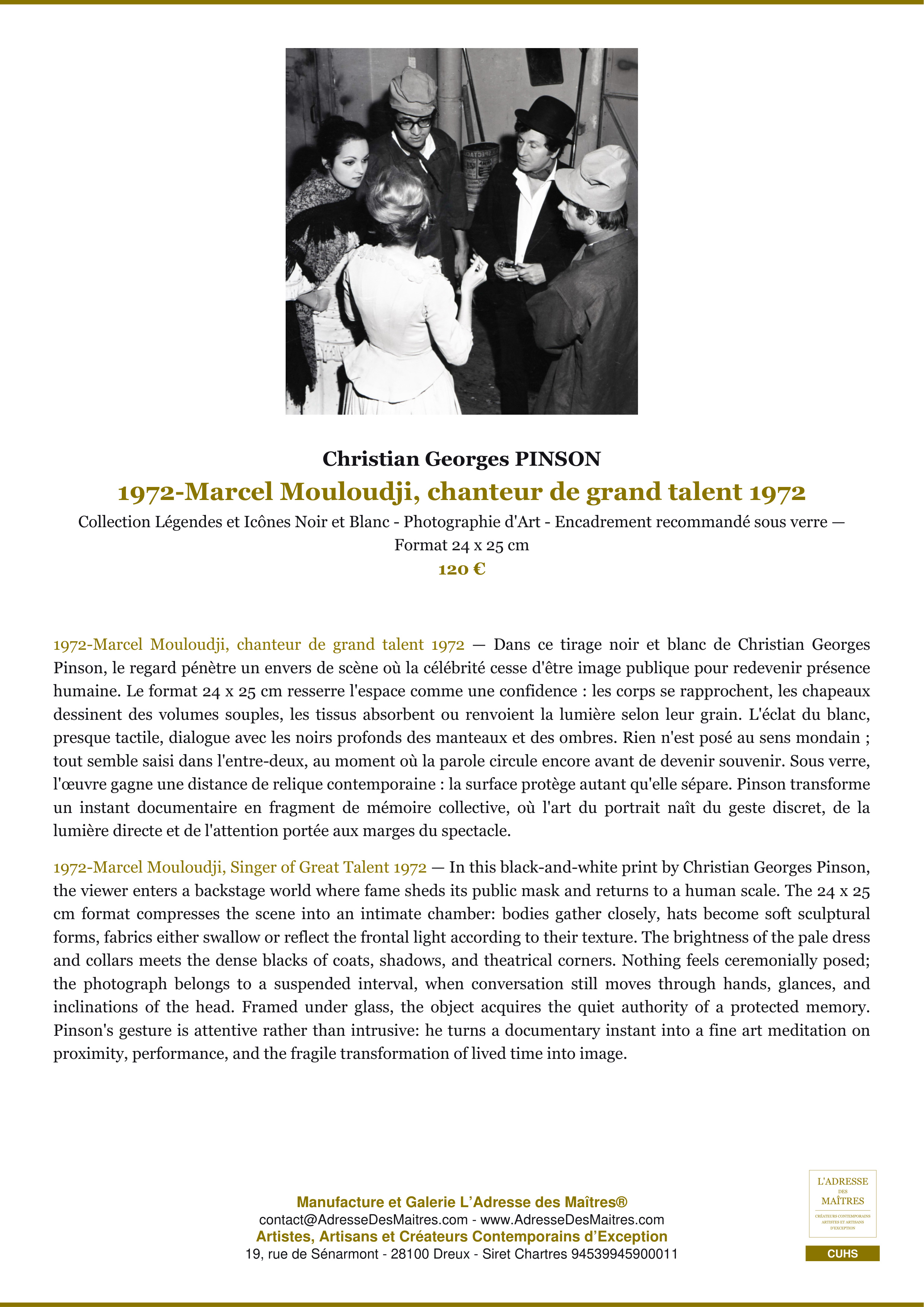 Fiche Premium — 1972-Marcel Mouloudji, chanteur de grand talent 1972 — Christian Georges PINSON — L'Adresse des Maîtres®