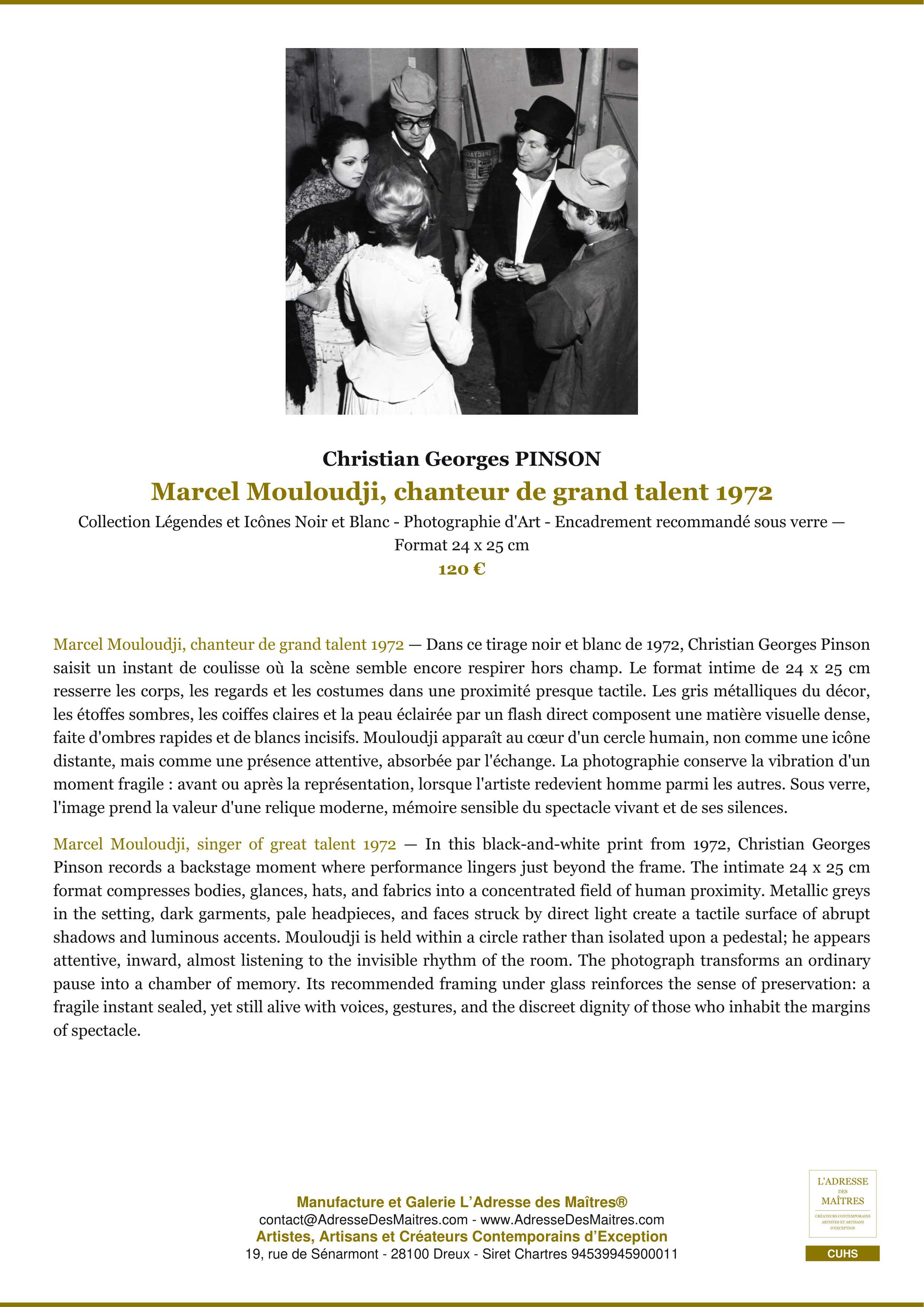 Fiche Premium — Marcel Mouloudji, chanteur de grand talent 1972 — Christian Georges PINSON — L'Adresse des Maîtres®