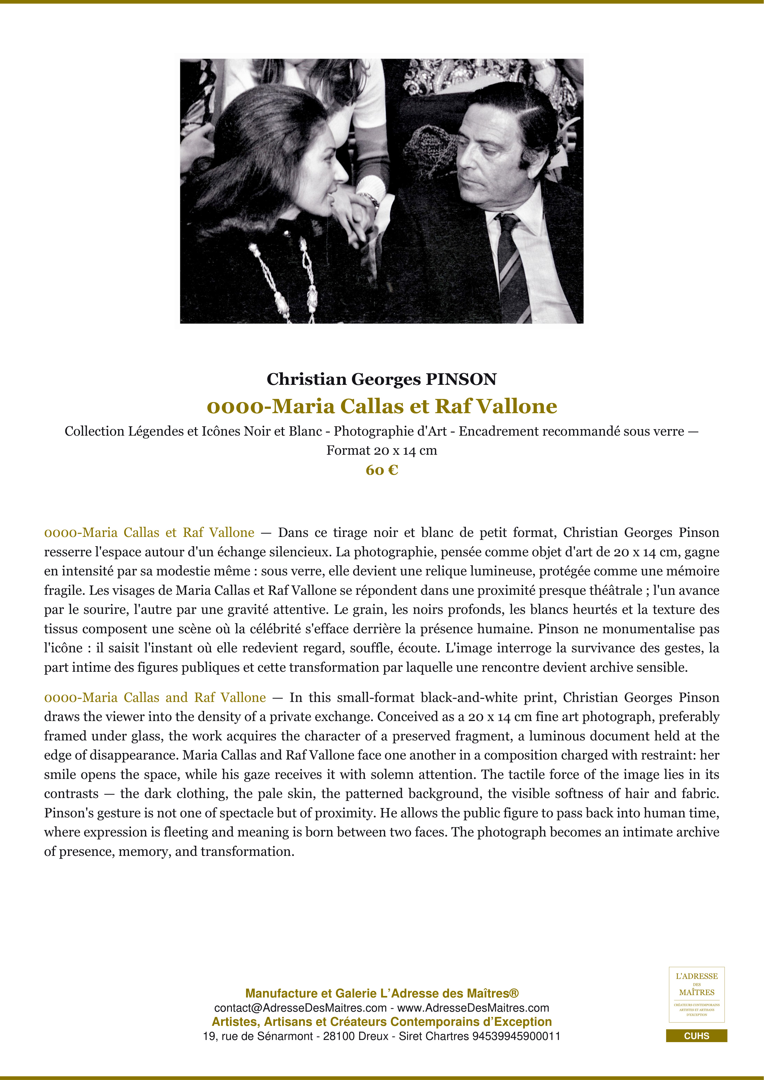 Fiche Premium — 0000-Maria Callas et Raf Vallone — Christian Georges PINSON — L'Adresse des Maîtres®