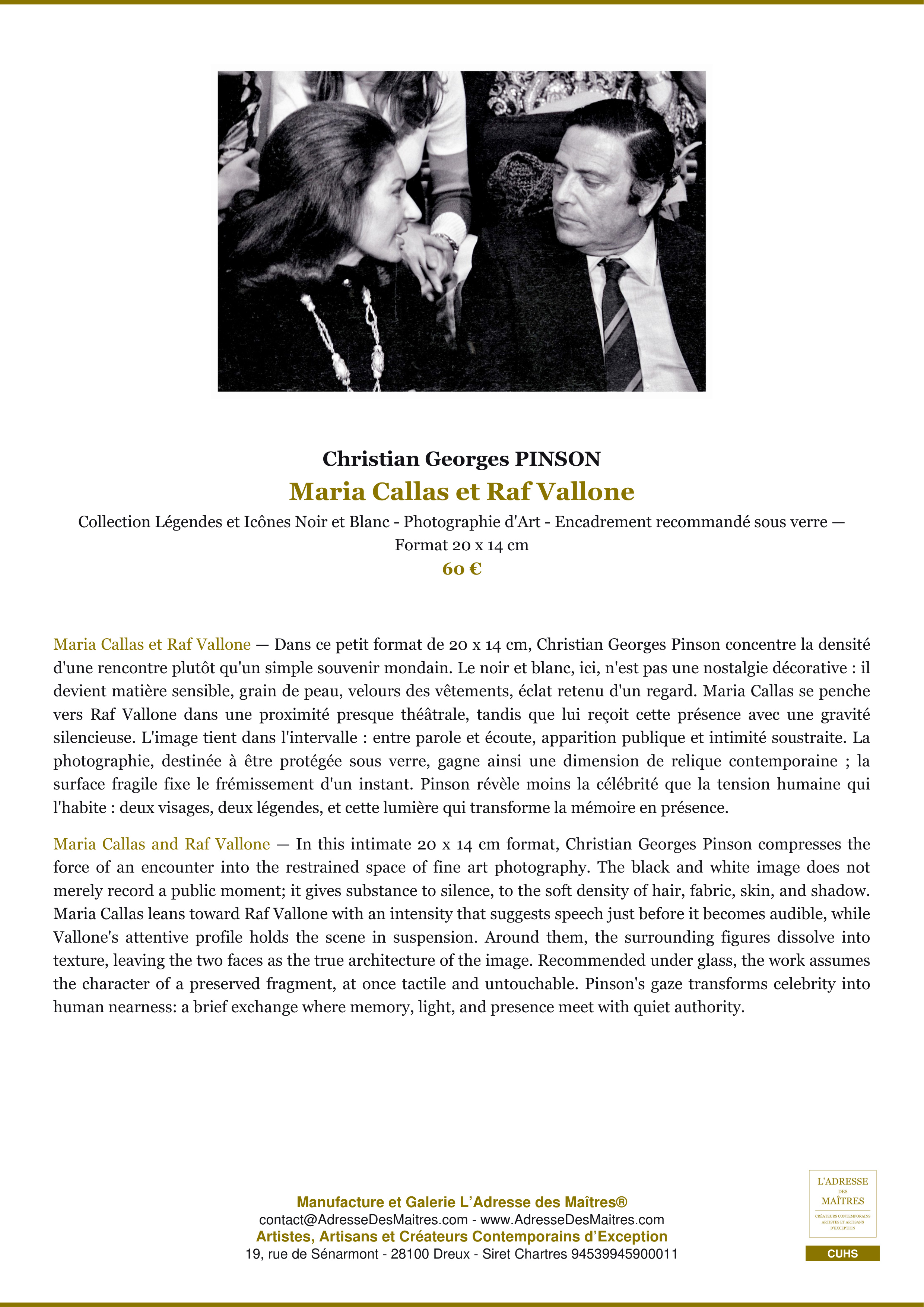 Fiche Premium — Maria Callas et Raf Vallone — Christian Georges PINSON — L'Adresse des Maîtres®