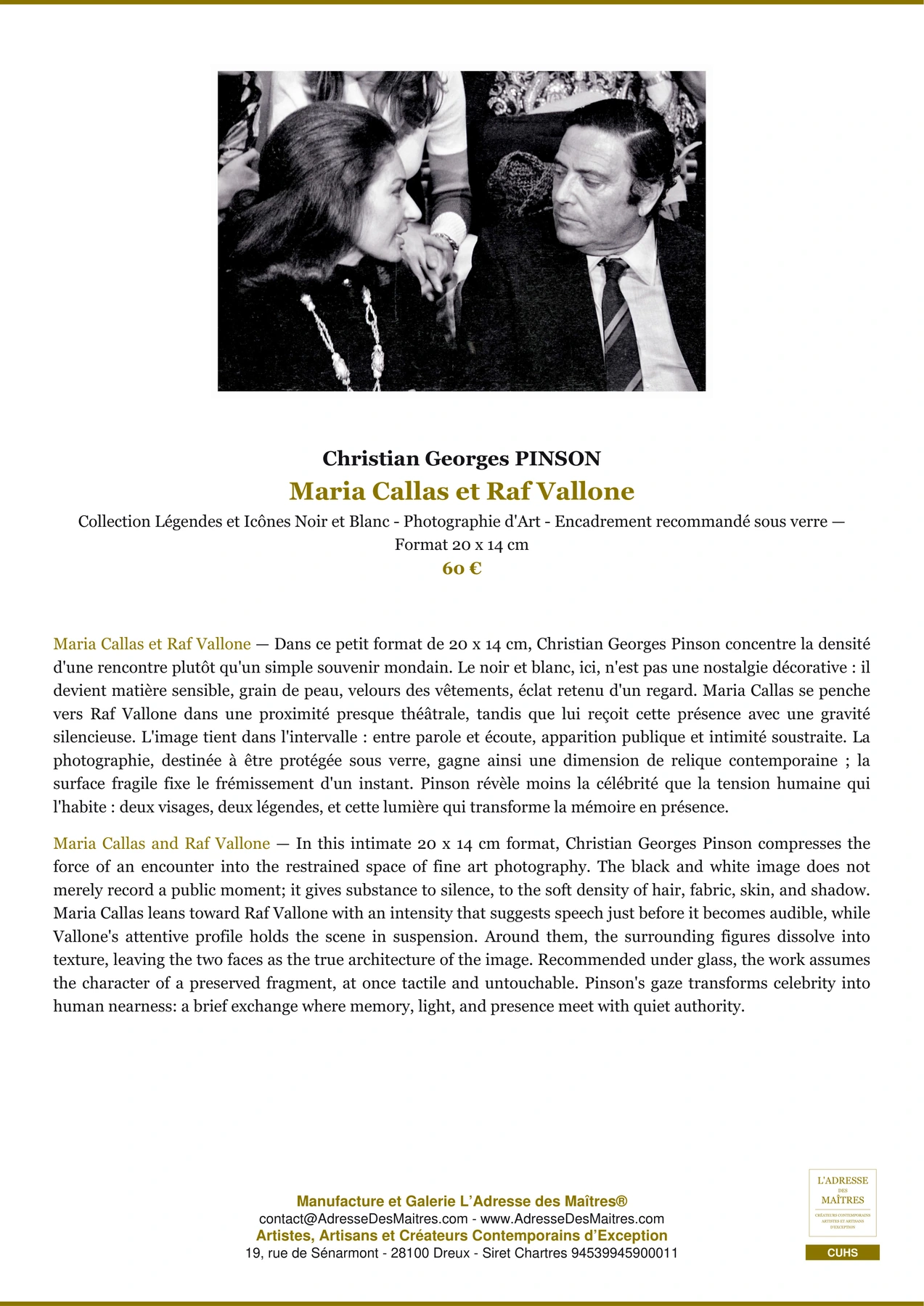 Fiche Premium - Maria Callas et Raf Vallone - Christian Georges PINSON - L'Adresse des Maîtres®